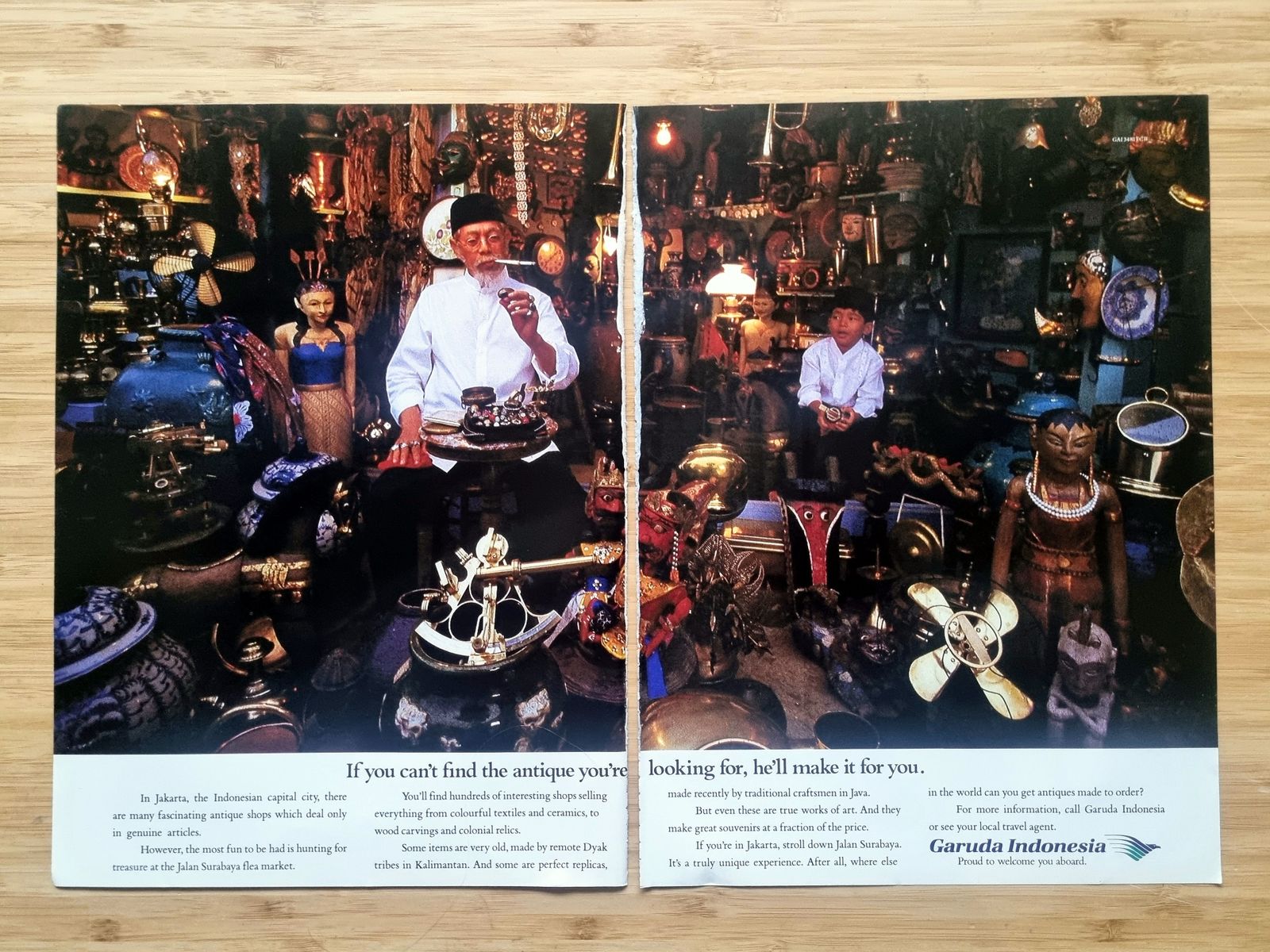 Garuda Indonesia Antique Market Ad, Jakarta Jalan Surabaya Flea Market, Double Page Airline Advertisement, 1980s Travel Ephemera, 16 × 11 In