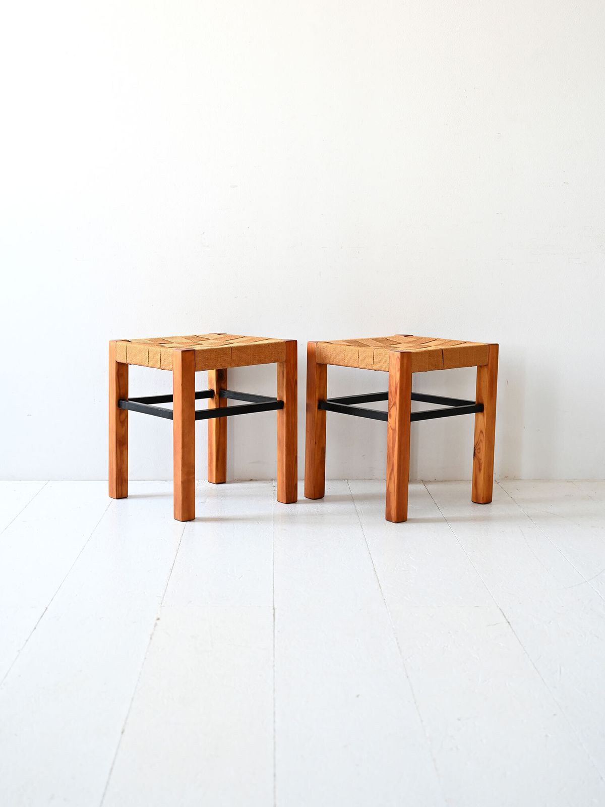 Pair Of Vintage Scandinavian Stools With Woven Seat photo furniture