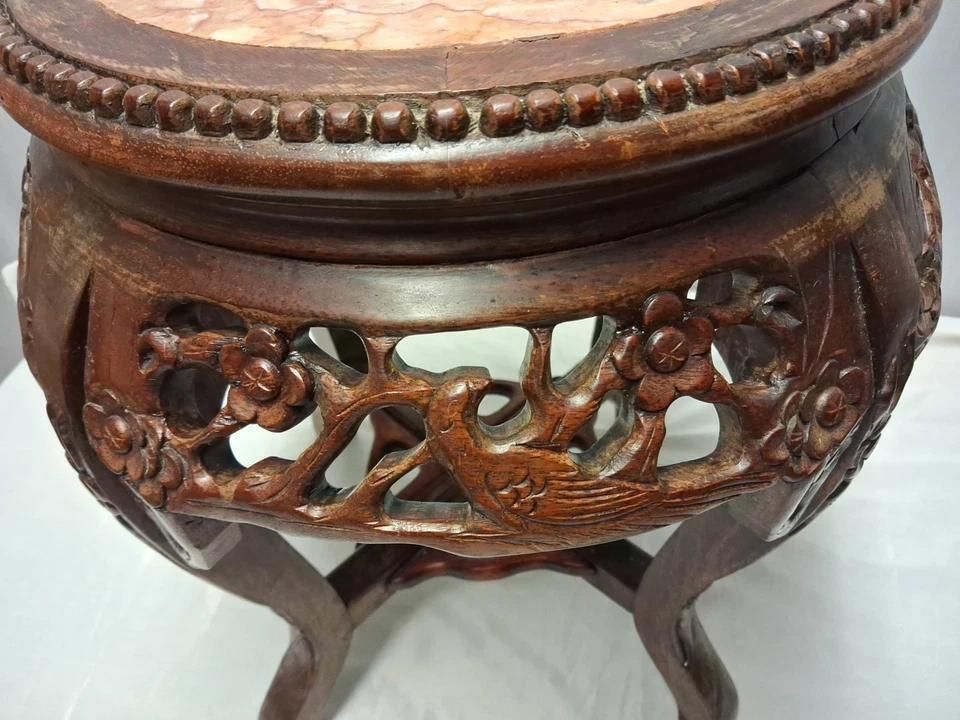 Antique Chinese Hardwood Jardiniere Lamp Table Marble Top With Bird Carvings photo furniture