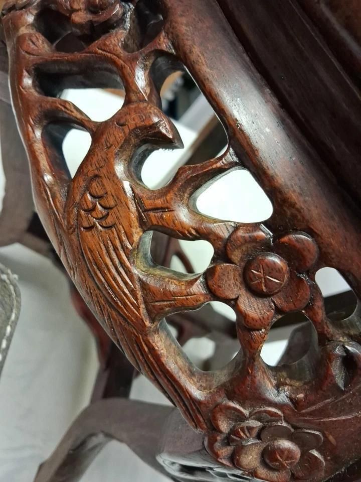 Antique Chinese Hardwood Jardiniere Lamp Table Marble Top With Bird Carvings photo vinterior