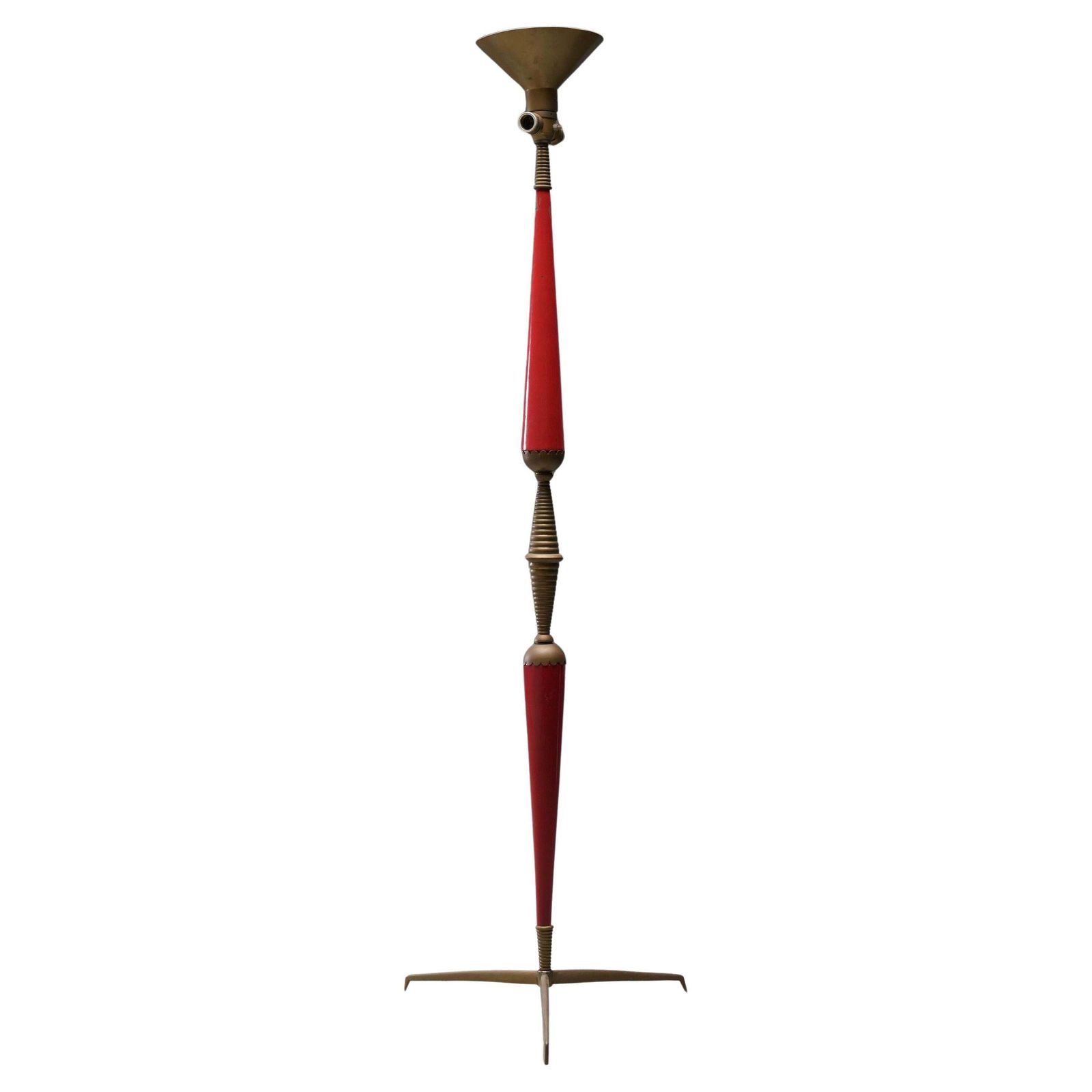 Italian 1950s Floor Lamp With Brass Accents And Original Red Lacquer