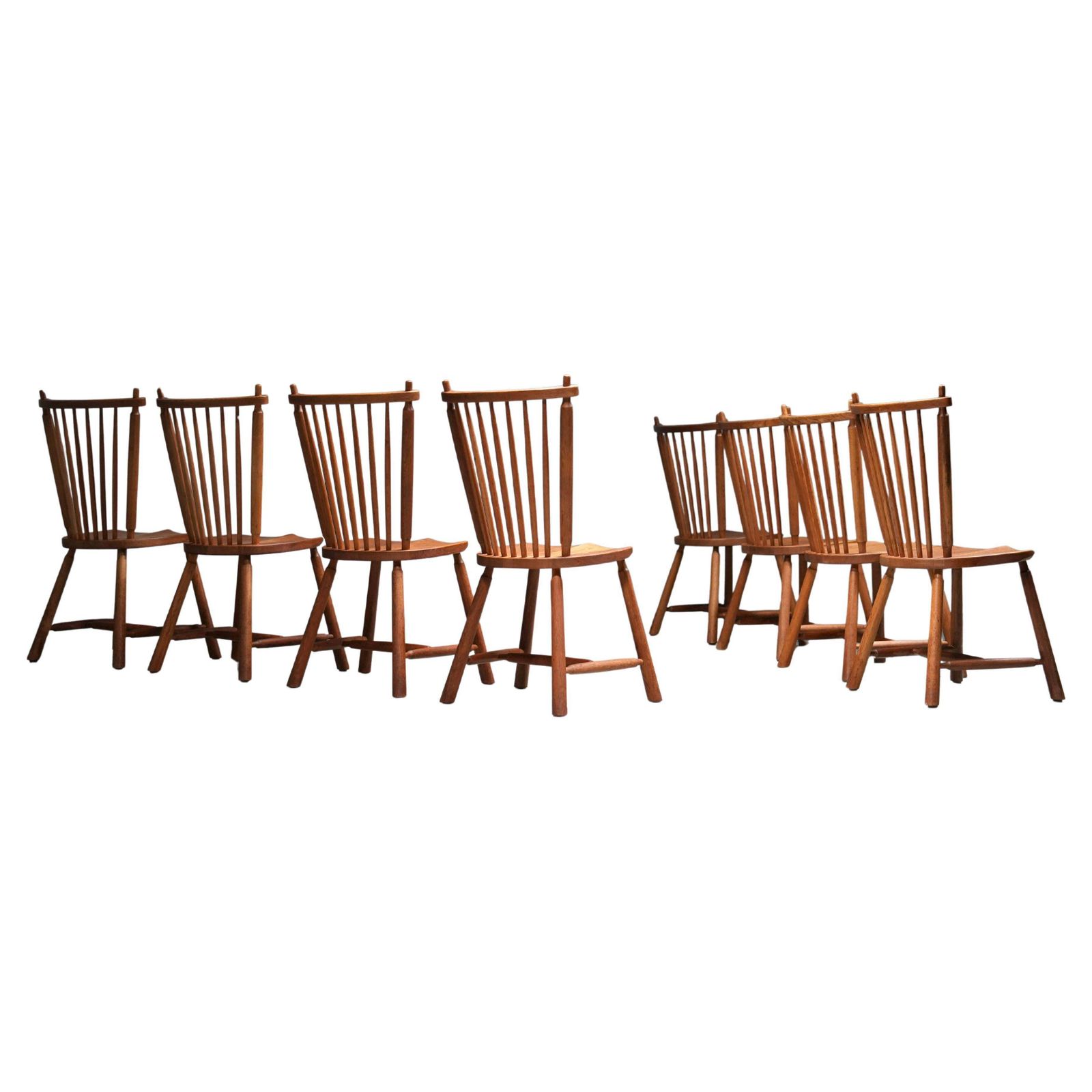 Set Van 8 Spijlenrugstoelen In Eiken Van 'De Ster' Gelderland, Jaren 1960