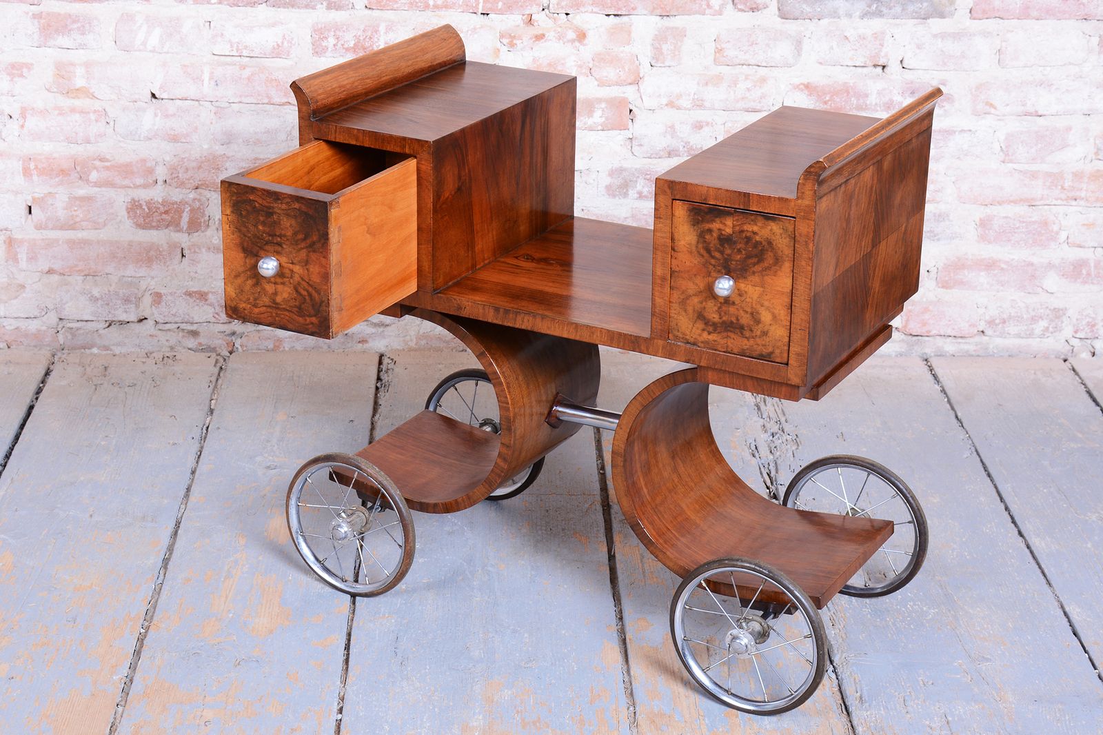 Restored Art Deco Serving Trolley, Walnut, Revived Polish, France, 1920s photo for sale