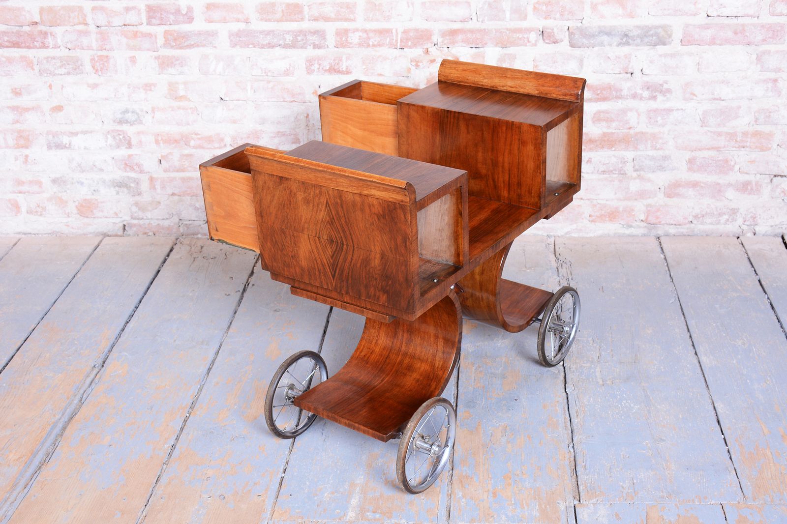 Restored Art Deco Serving Trolley, Walnut, Revived Polish, France, 1920s photo 1700.0