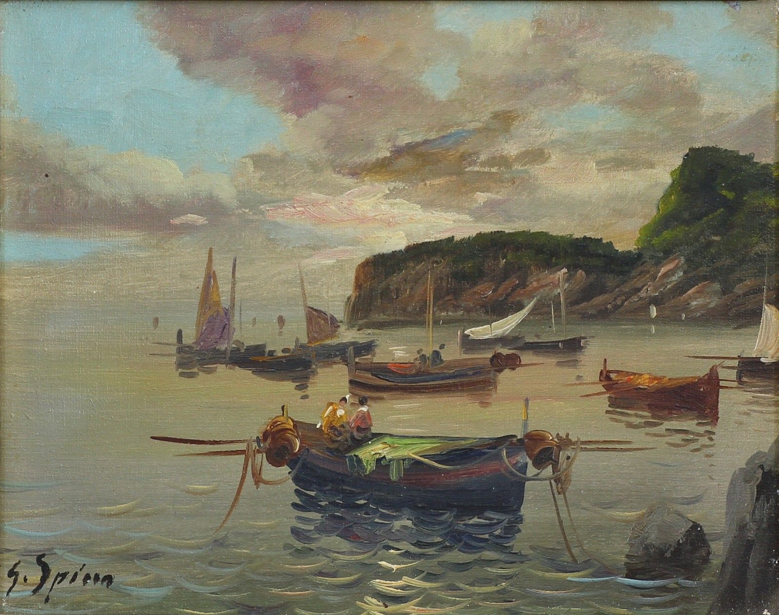 Oil On Canvas Signed Indistinctly. A Côte D'azur Scene With Traditional Boats. photo furniture