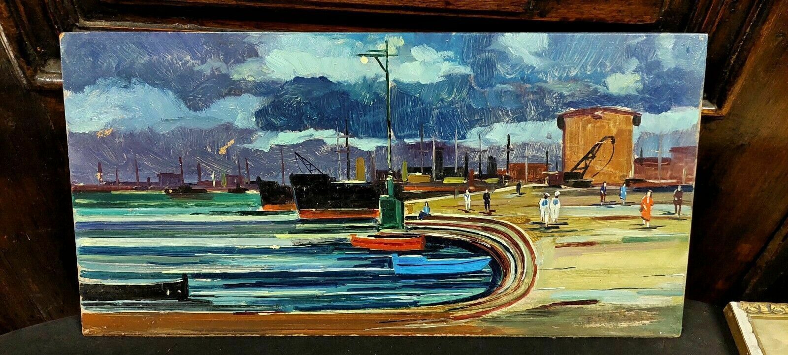 Oil Painting Livorno 1975 Beautiful Boat Port photo for sale