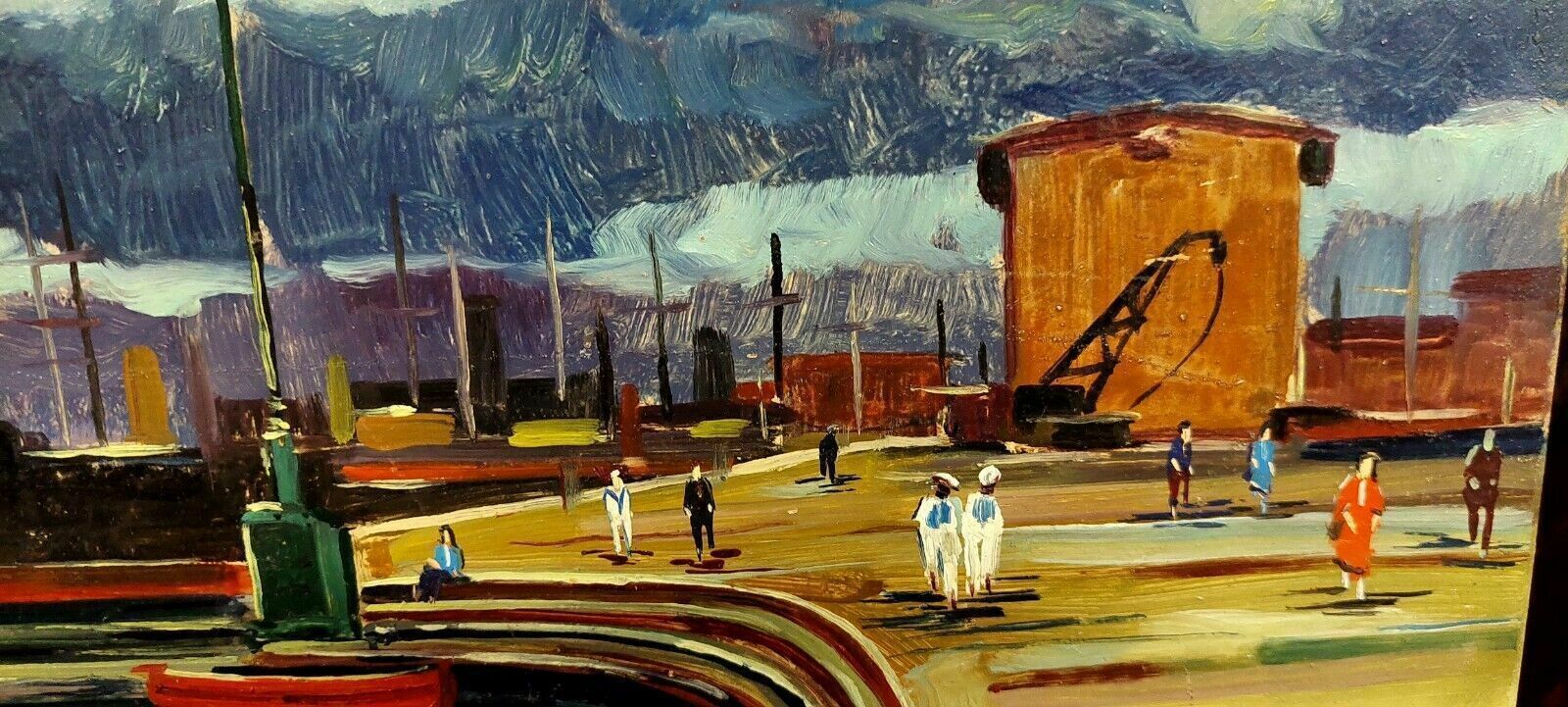 Oil Painting Livorno 1975 Beautiful Boat Port photo vinterior