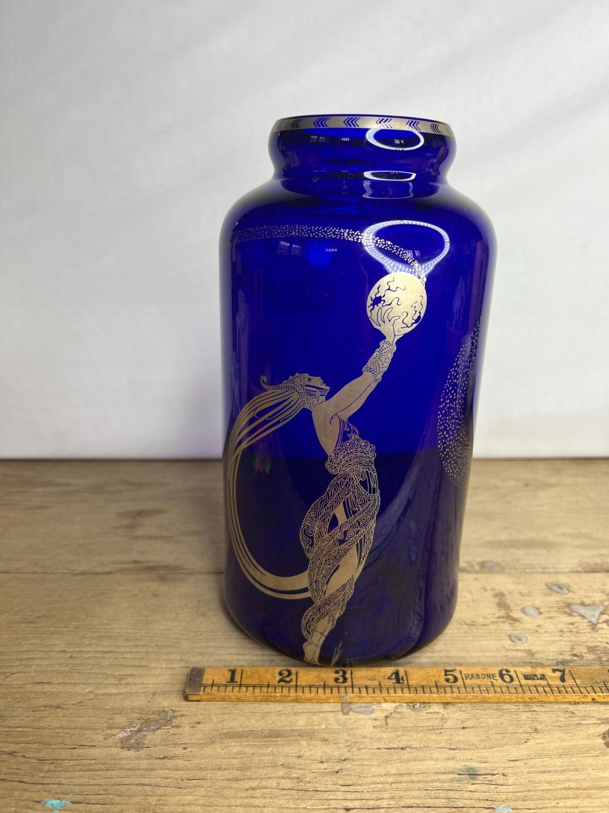 Vintage Erte Fireflies Cobalt Blue Vase Jar Approx 10" Height 1988 Franklin Mint photo vintage