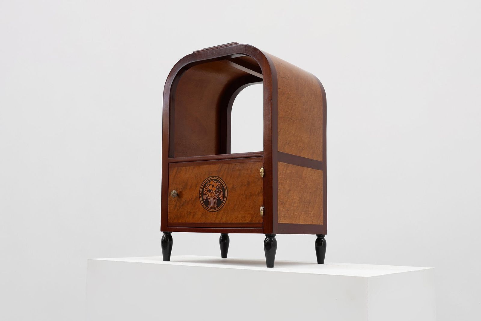 photo for sale Art Deco Arched Side Table With Storage Unit And Black Marble Top, France, 1920s