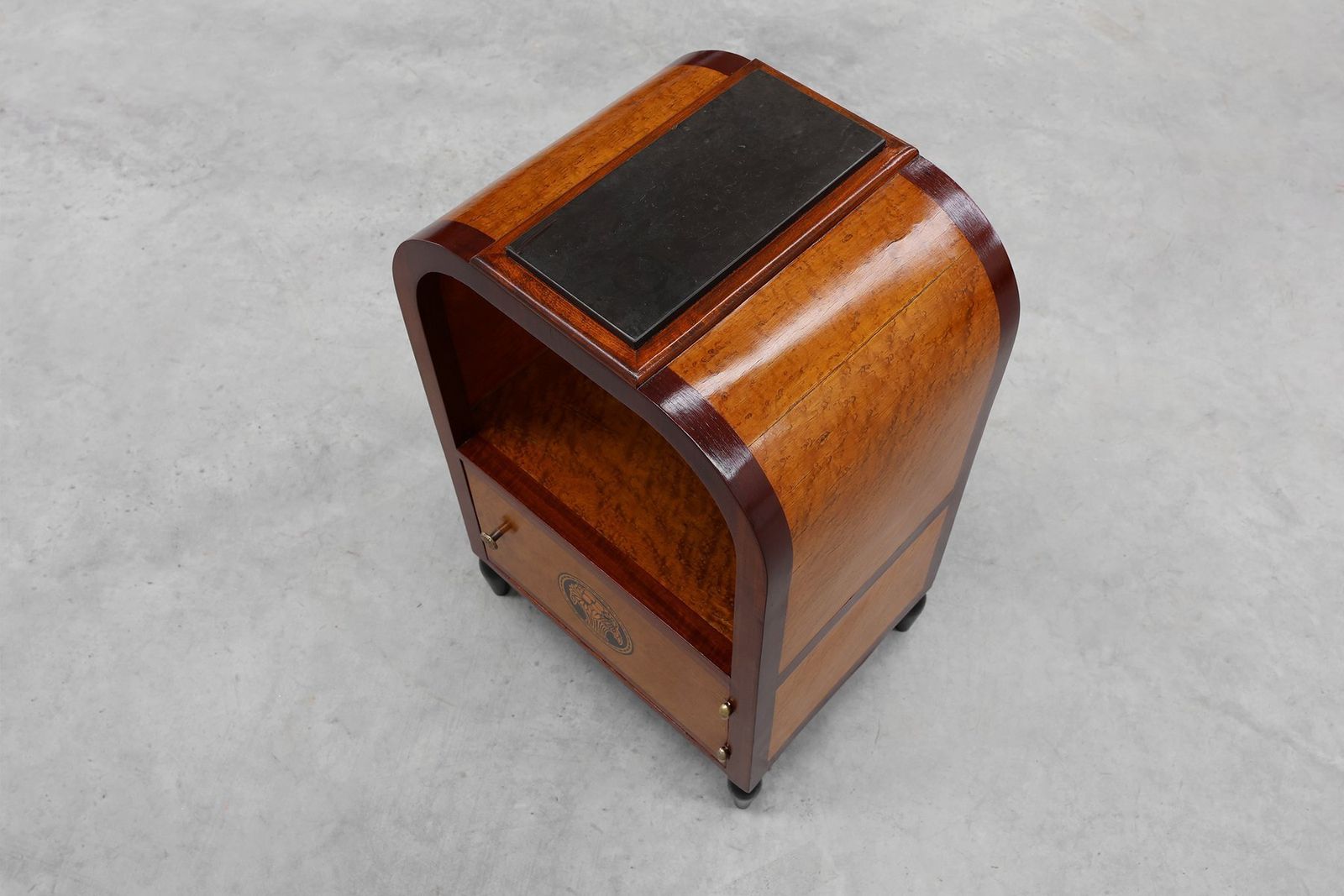 Furniture Art Deco Arched Side Table With Storage Unit And Black Marble Top, France, 1920s photo
