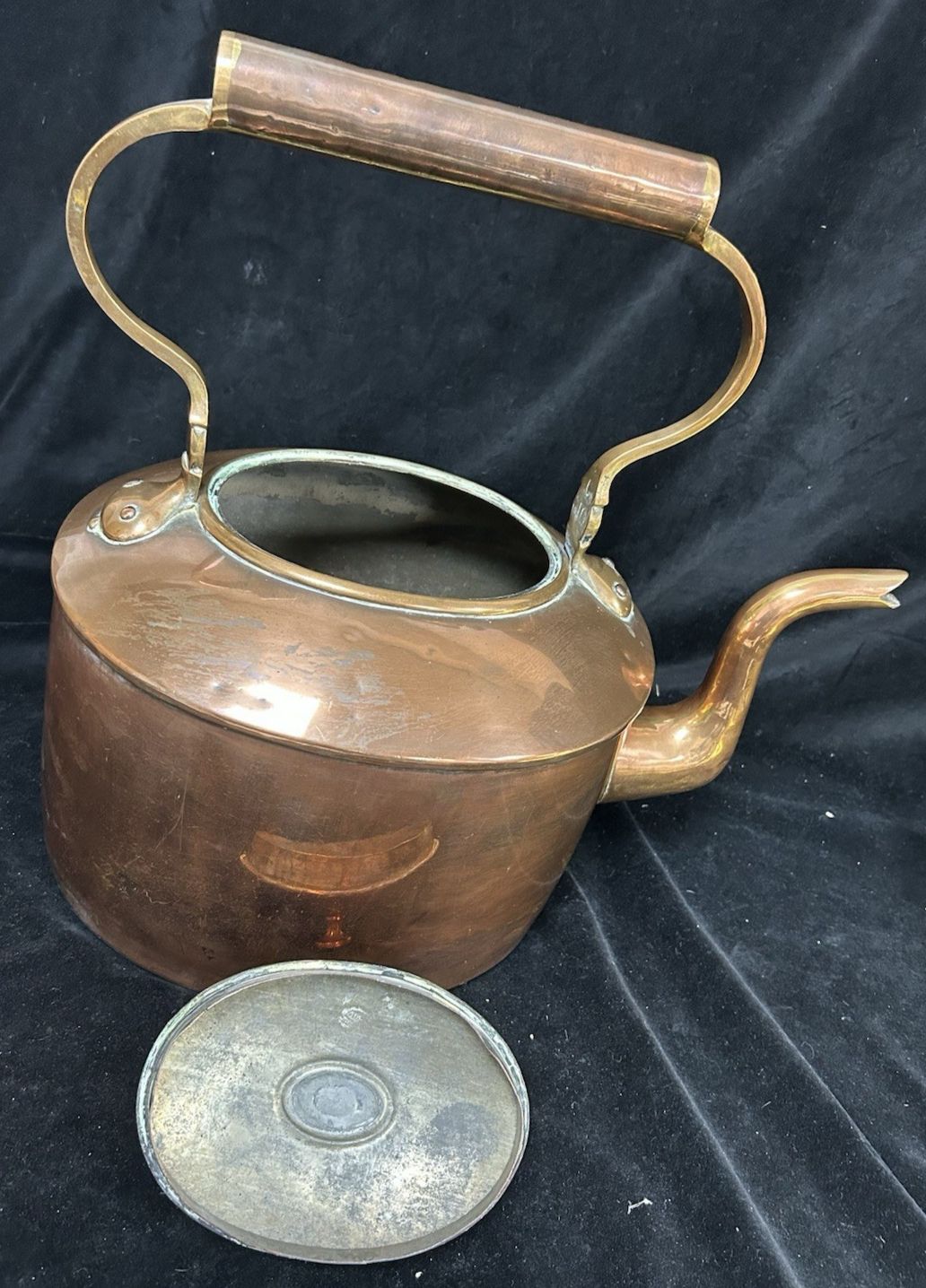 photo for sale Large Antique Regency  Copper Kettle With Brass Inserts 17” 3kg