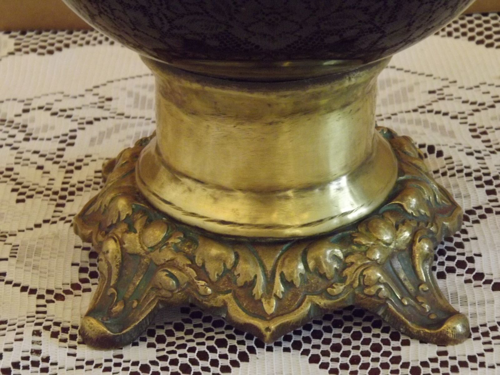 photo vinterior Antique French Kerosene Lamp Base W+W Kosmos Burner Cobalt Blue Ceramic & Brass Ornate Leaf Footed Oil Lamp