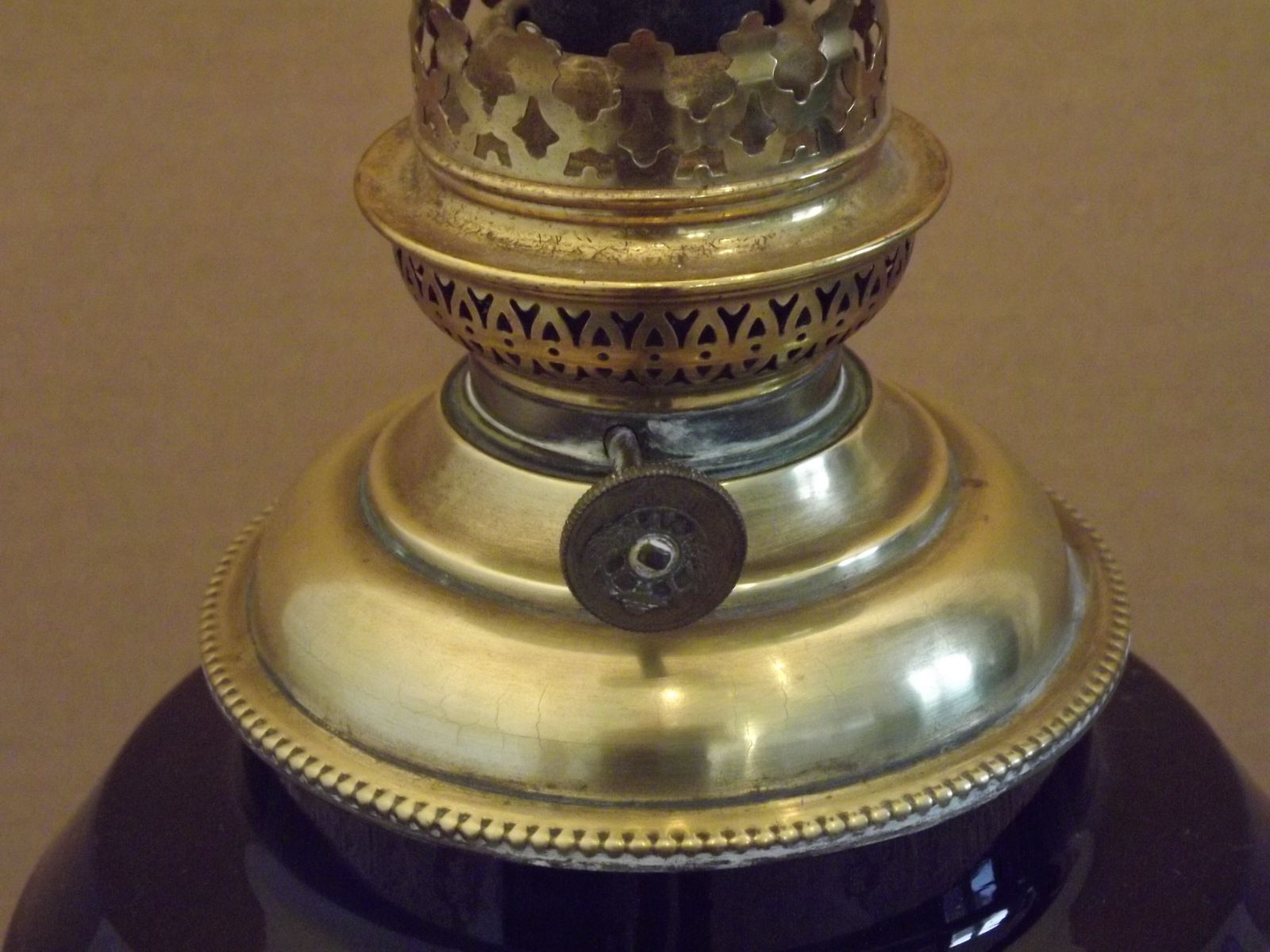 Antique French Kerosene Lamp Base W+W Kosmos Burner Cobalt Blue Ceramic & Brass Ornate Leaf Footed Oil Lamp photo buy