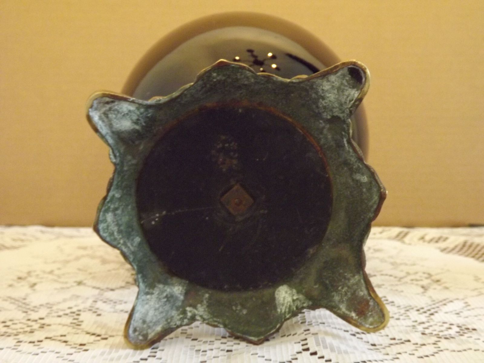 148.0 Antique French Kerosene Lamp Base W+W Kosmos Burner Cobalt Blue Ceramic & Brass Ornate Leaf Footed Oil Lamp photo