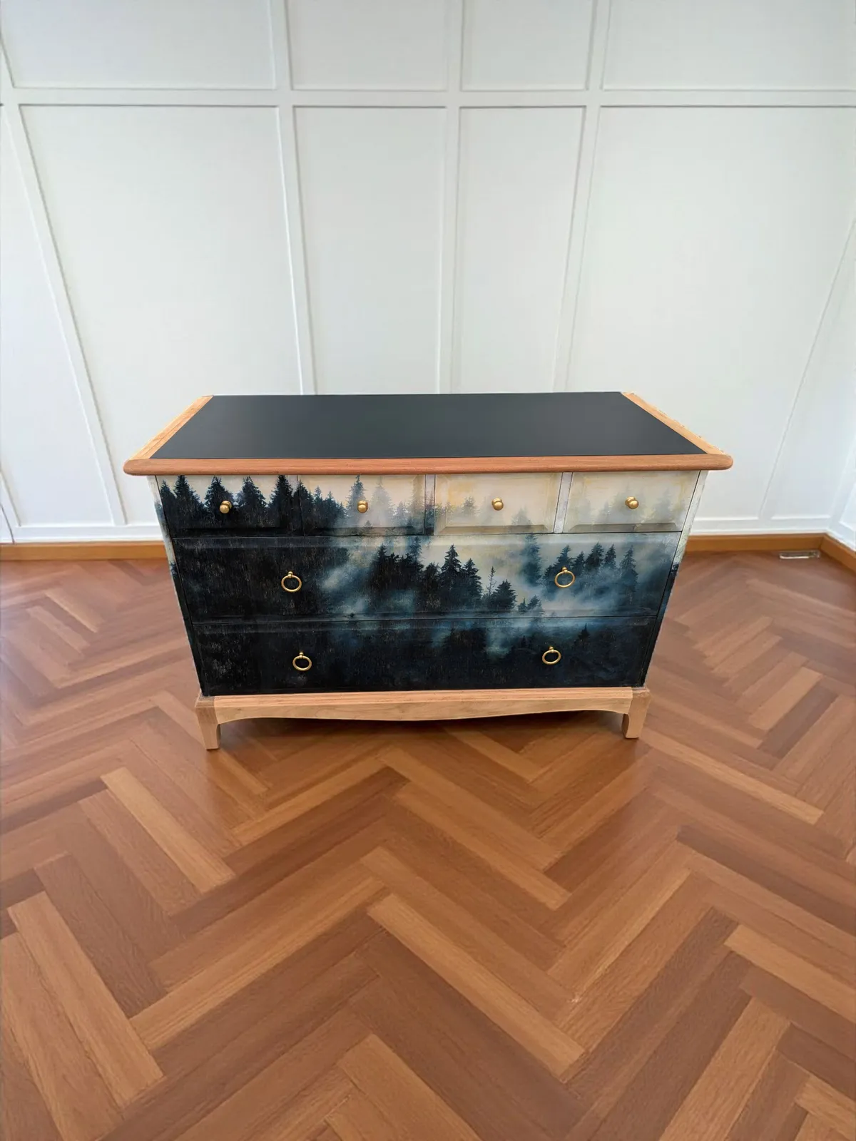 Vintage Stag Minstrel Chest Of Drawers Dark Green Forest Design photo furniture