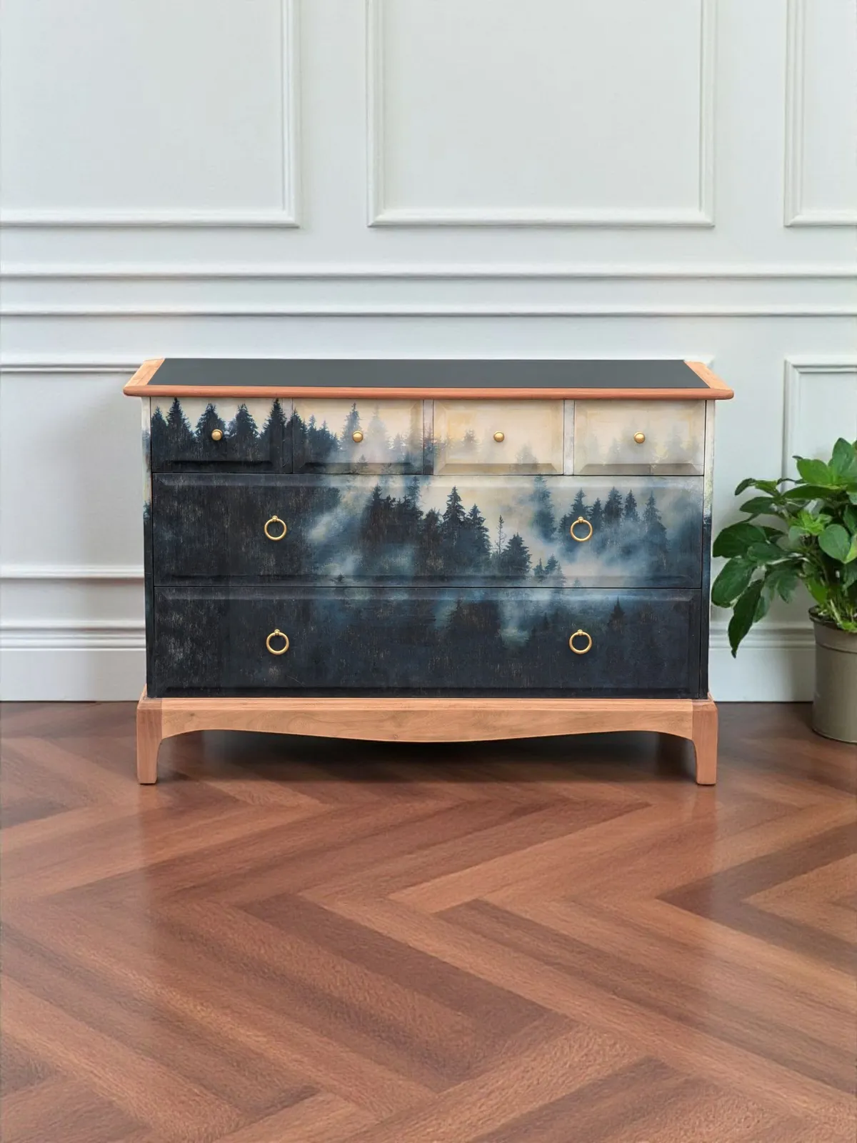 Furniture Vintage Stag Minstrel Chest Of Drawers Dark Green Forest Design photo