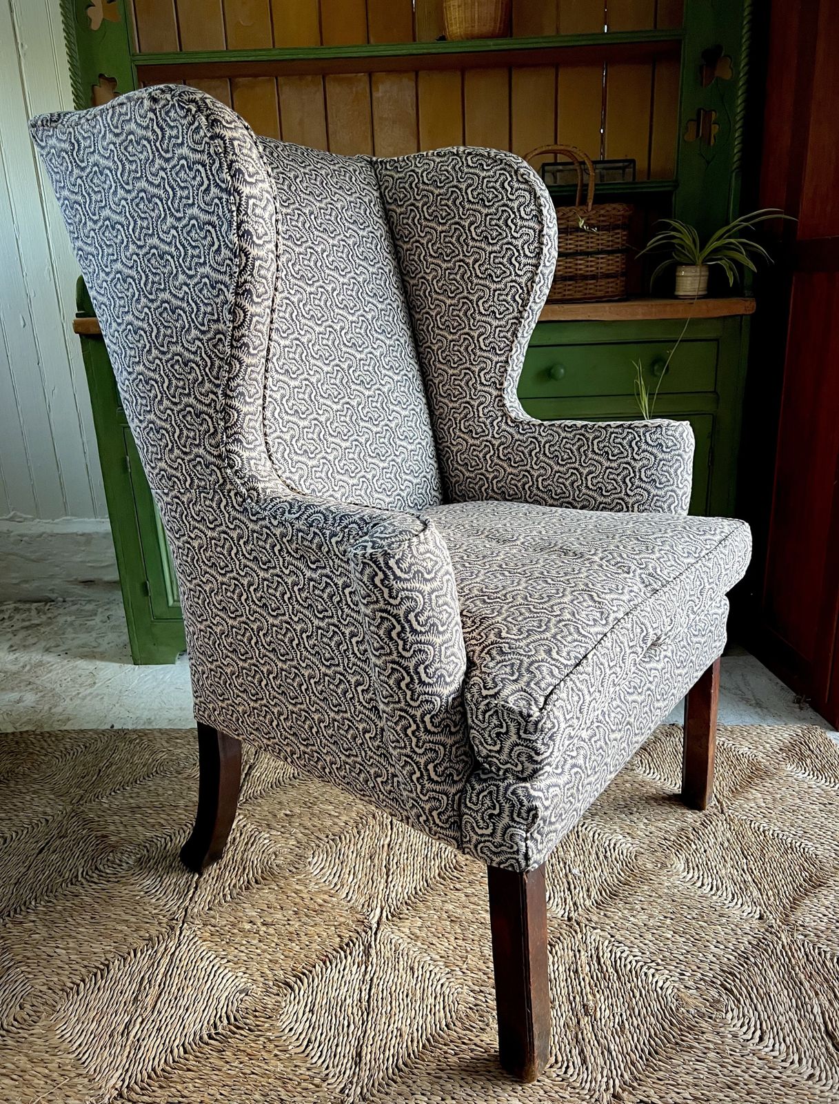 Large Georgian Wingback Armchair, Traditionally Reupholstered In Squiggle/Seaweed Dark Blue & Natural Linwood Fabric. photo furniture