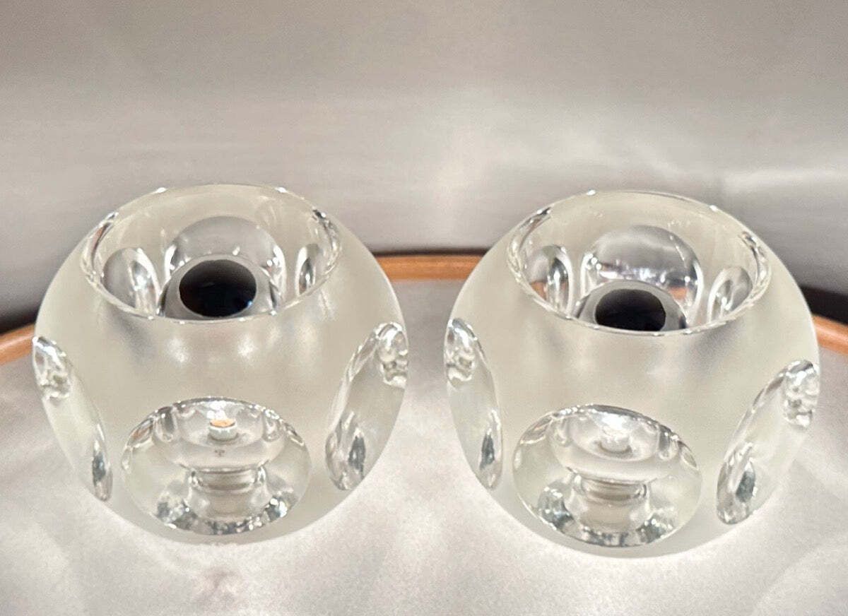 Pair Of 1970s German Peill & Putzler Frosted & Clear Concave Glass Round Table Lamps photo furniture