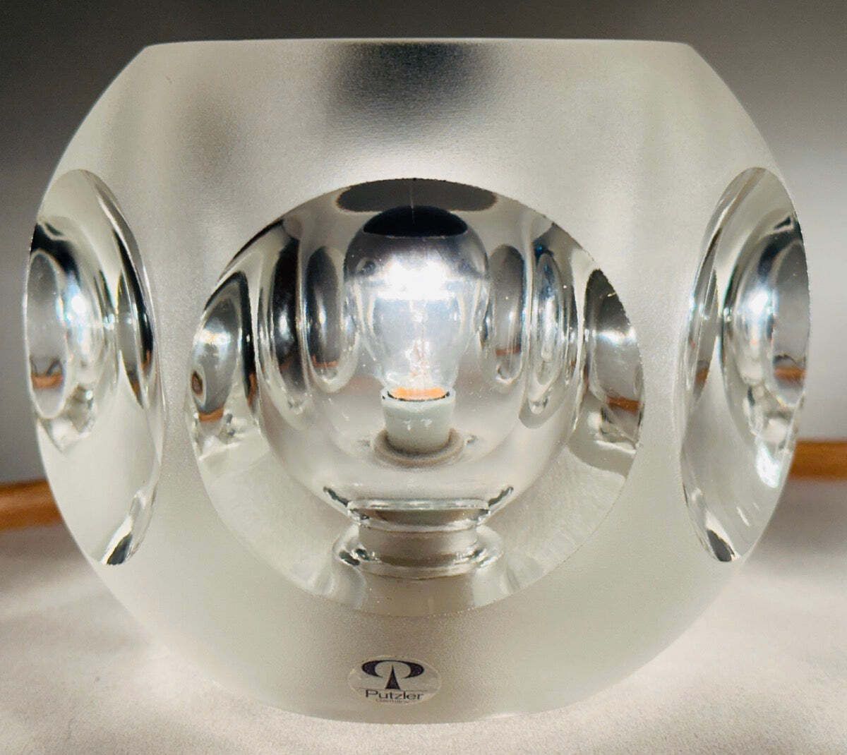 photo for sale Pair Of 1970s German Peill & Putzler Frosted & Clear Concave Glass Round Table Lamps