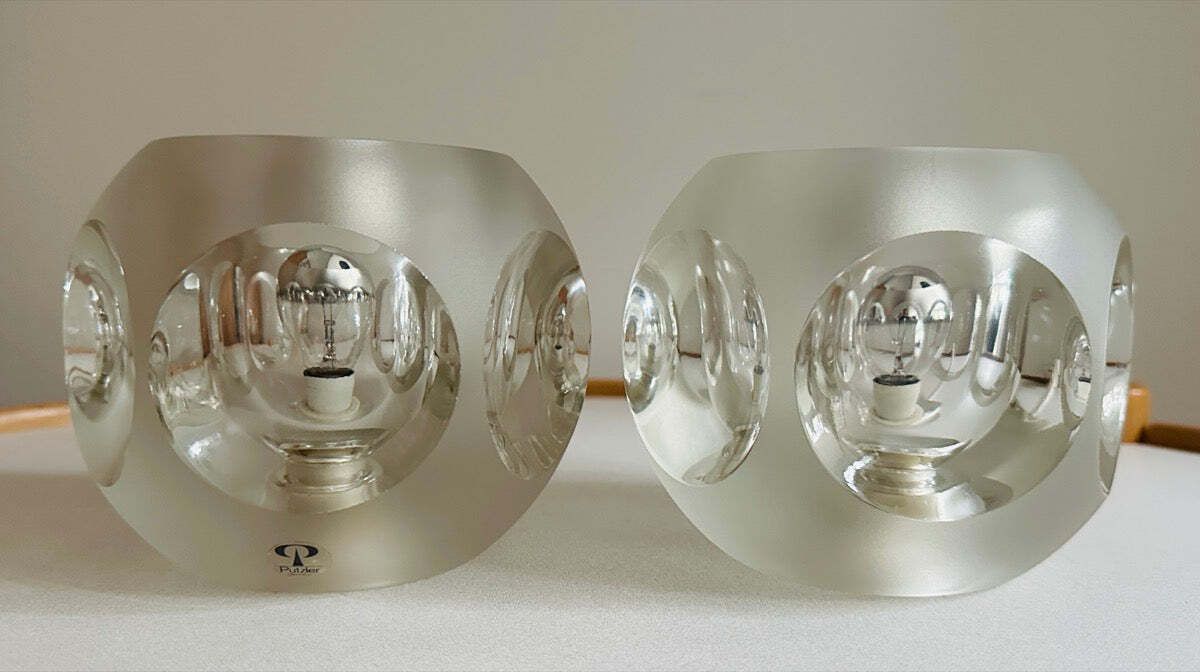 photo vinterior Pair Of 1970s German Peill & Putzler Frosted & Clear Concave Glass Round Table Lamps