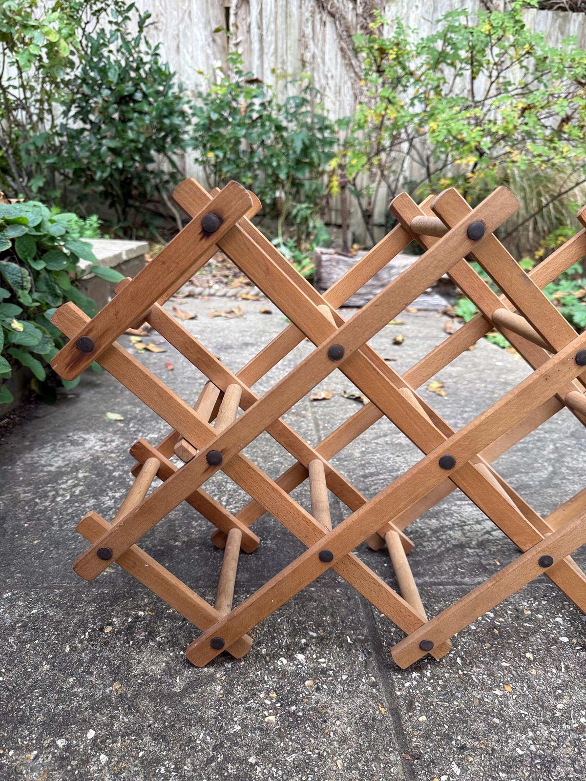 Furniture Vintage Folding Wooden Wine Rack Mid Century Expandable Bottle Holder, Retro Scandi Home Bar Decor, Retro Wine Rack photo