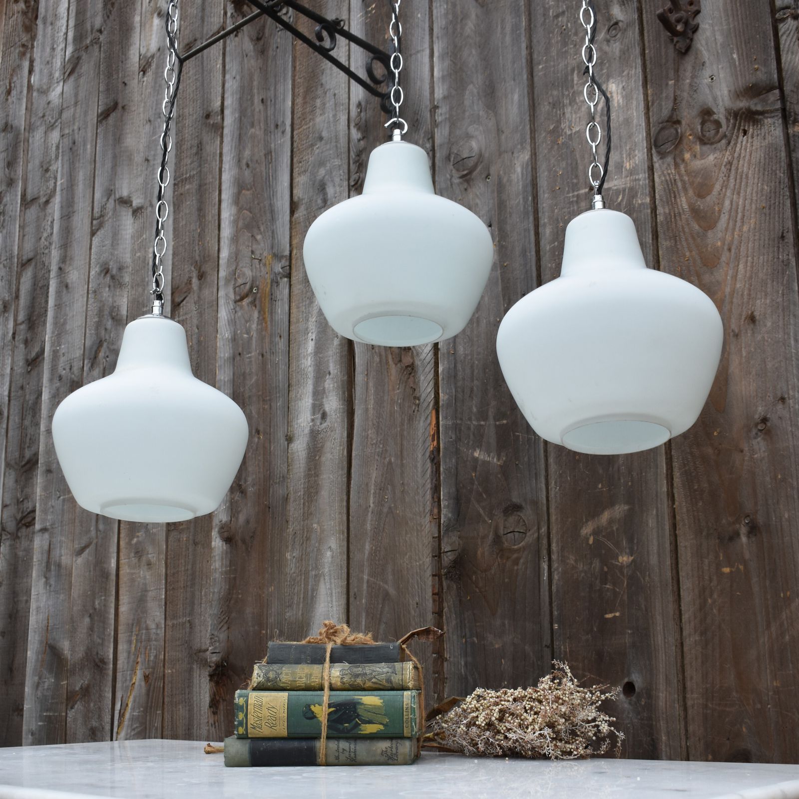 Antique Early 20th Century Three Opaline Glass Chapel Church Pendant Light photo buy