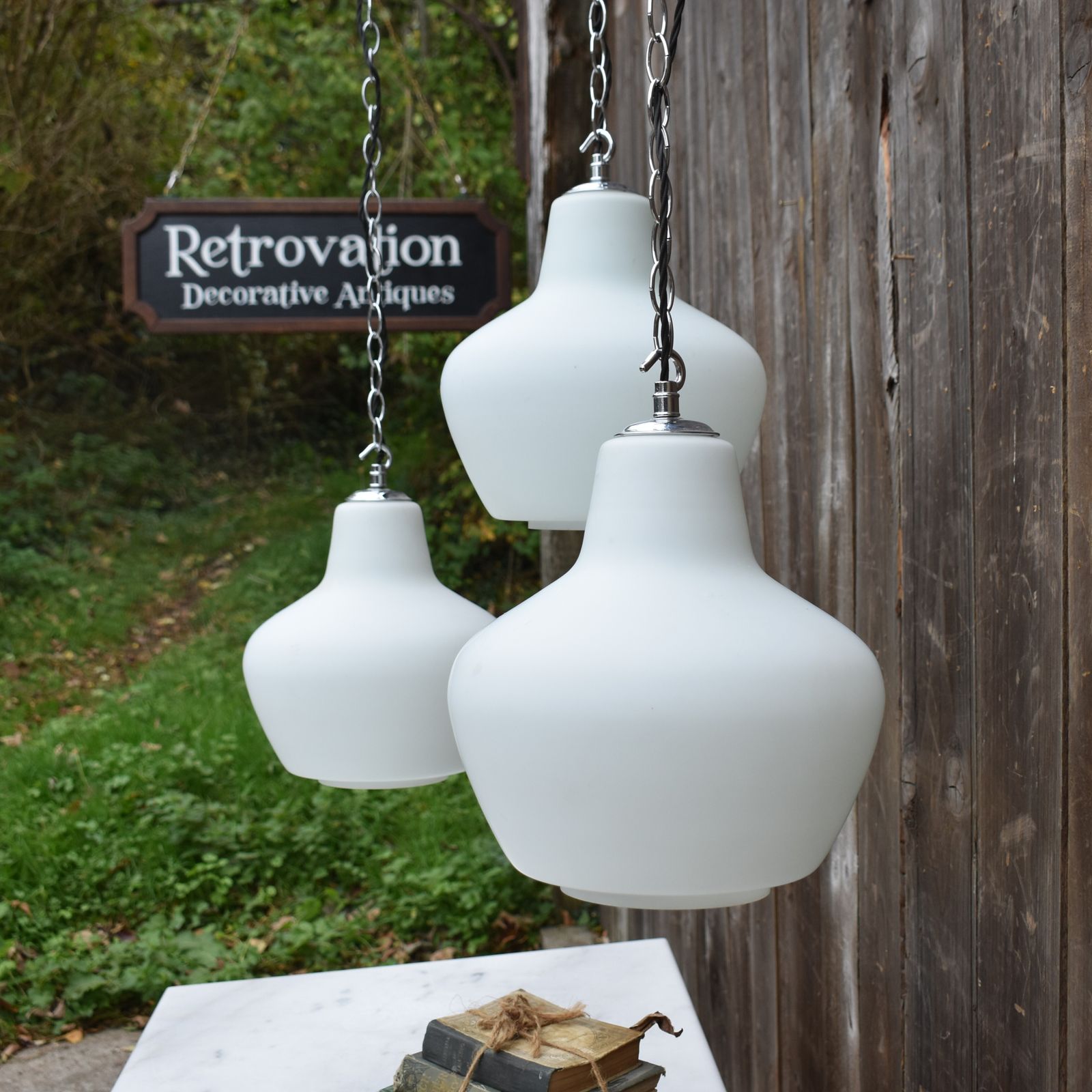 photo furniture Antique Early 20th Century Three Opaline Glass Chapel Church Pendant Light