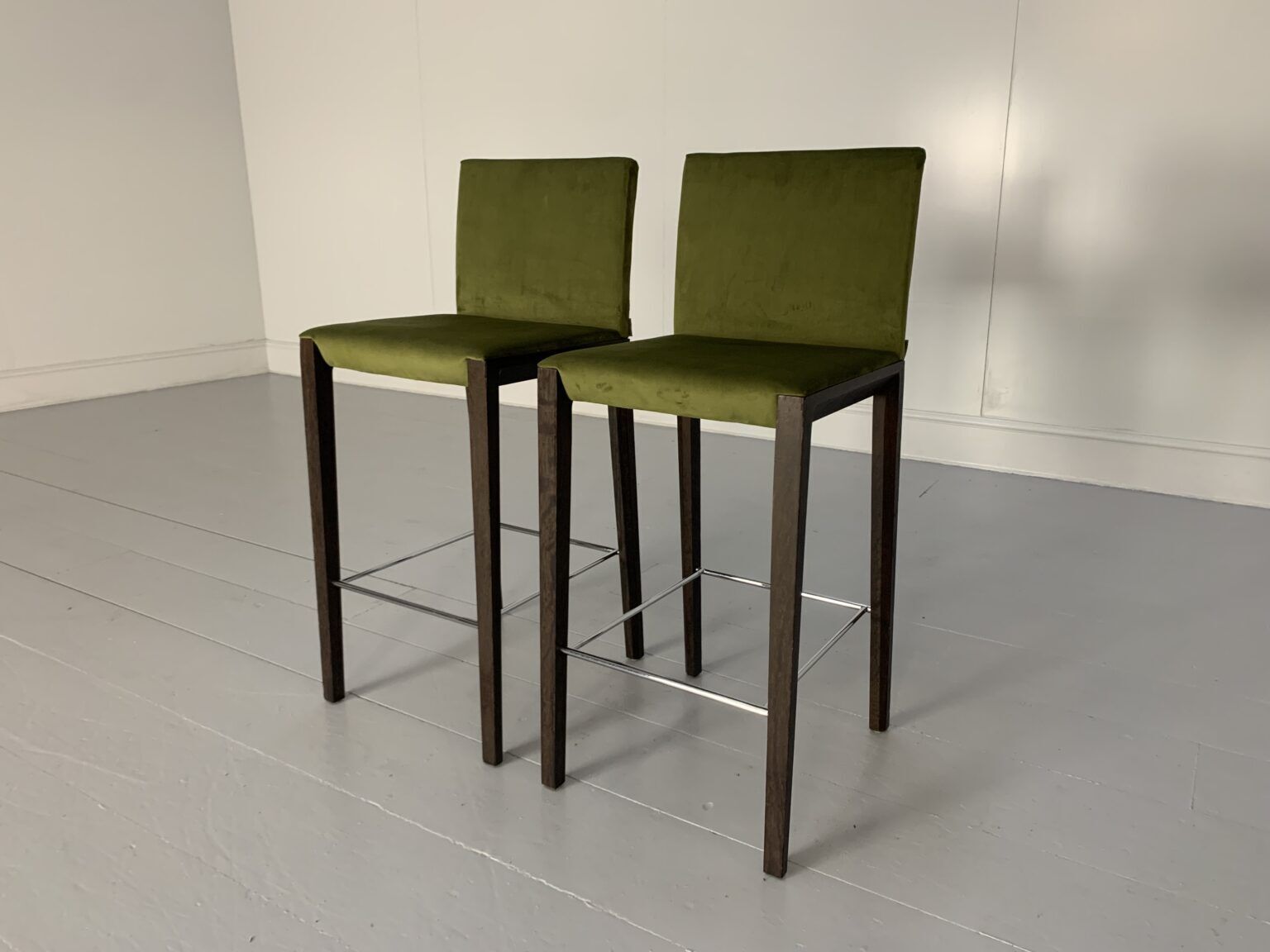 Pair Of Walter Knoll “Andoo” Bar Stools – In Green Velvet & Walnut