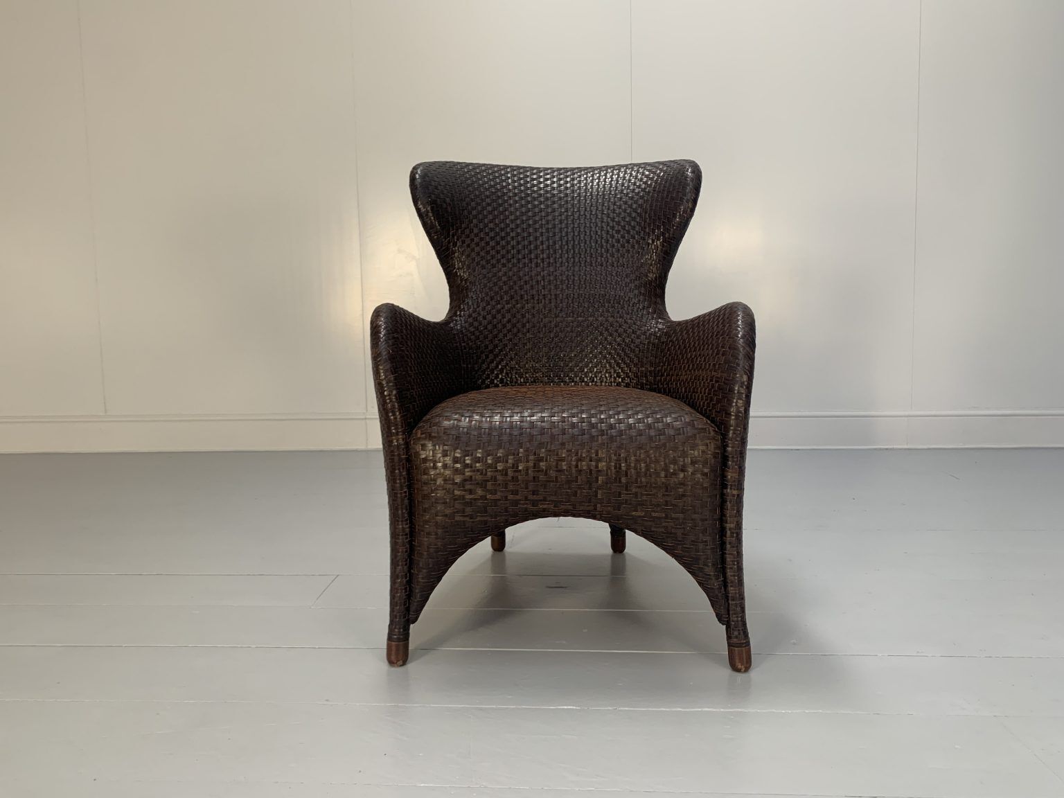 Rare Woven Leather Armchair & Footstool – In Brown Leather photo furniture