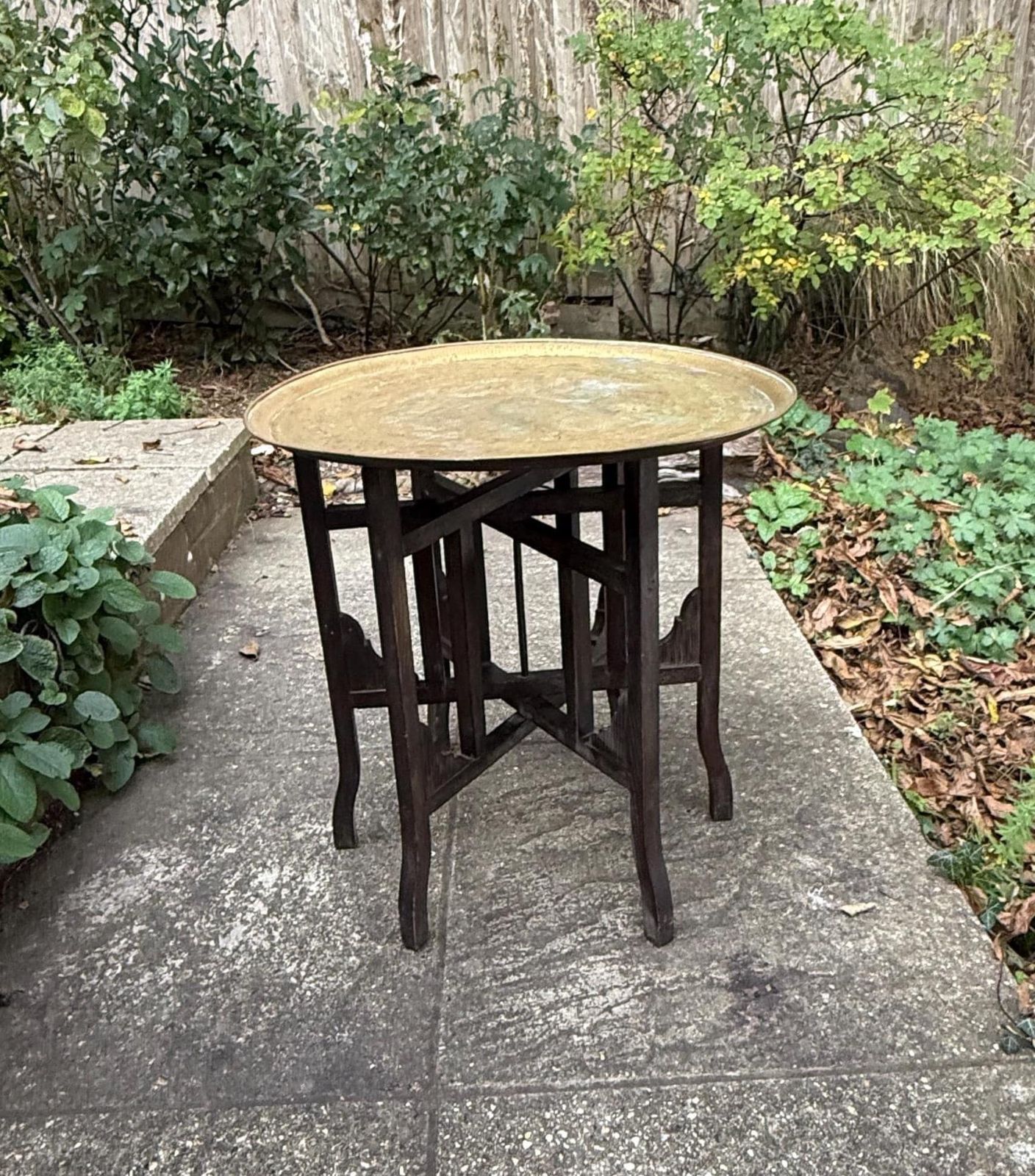 Antique 1920s Folding Brass Tray Table | Hand Etched Middle Eastern Table, Carved Hardwood Base, Moorish Style, Plant Stand, Plant Table