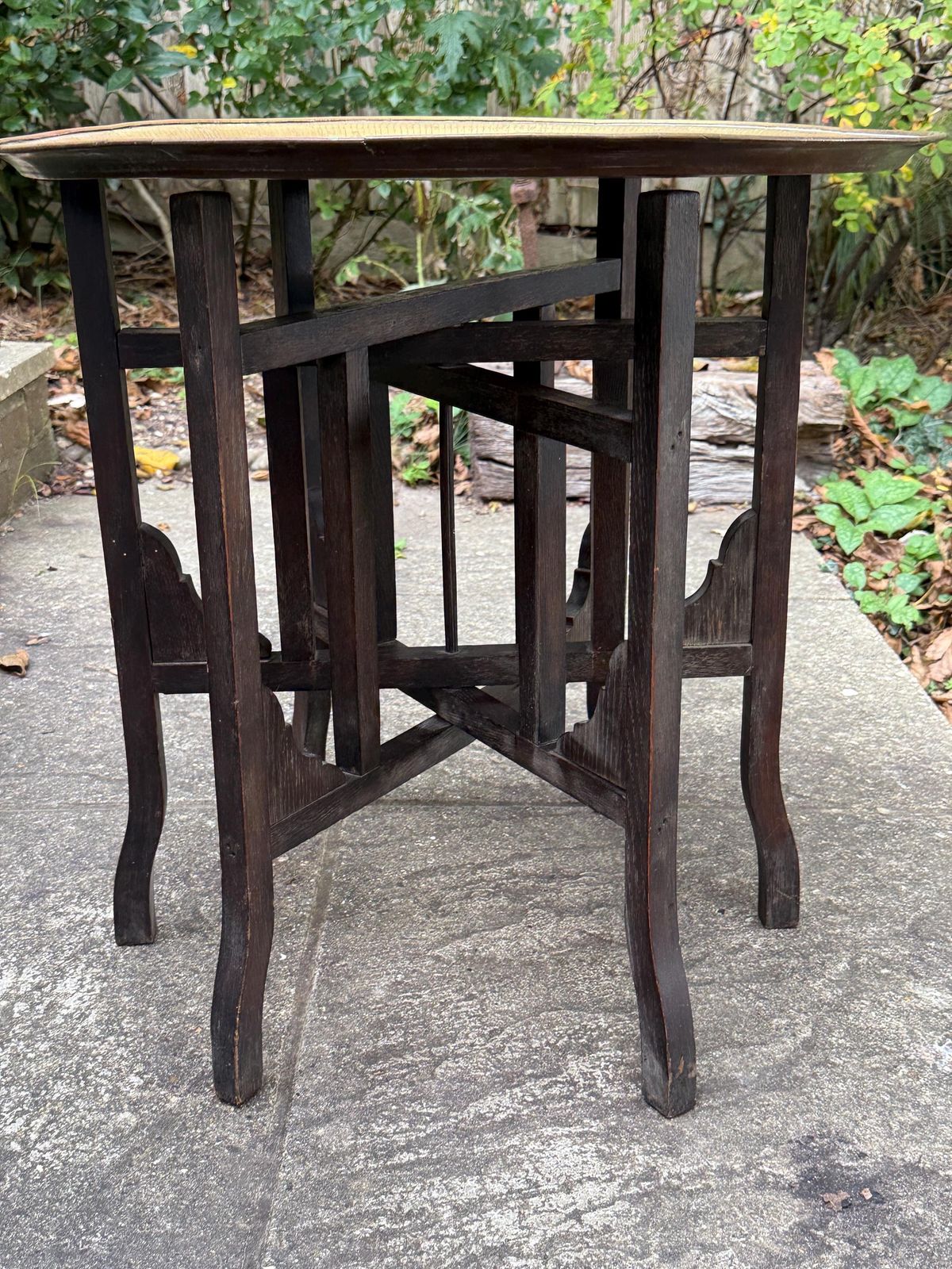 Antique 1920s Folding Brass Tray Table | Hand Etched Middle Eastern Table, Carved Hardwood Base, Moorish Style, Plant Stand, Plant Table photo Furniture