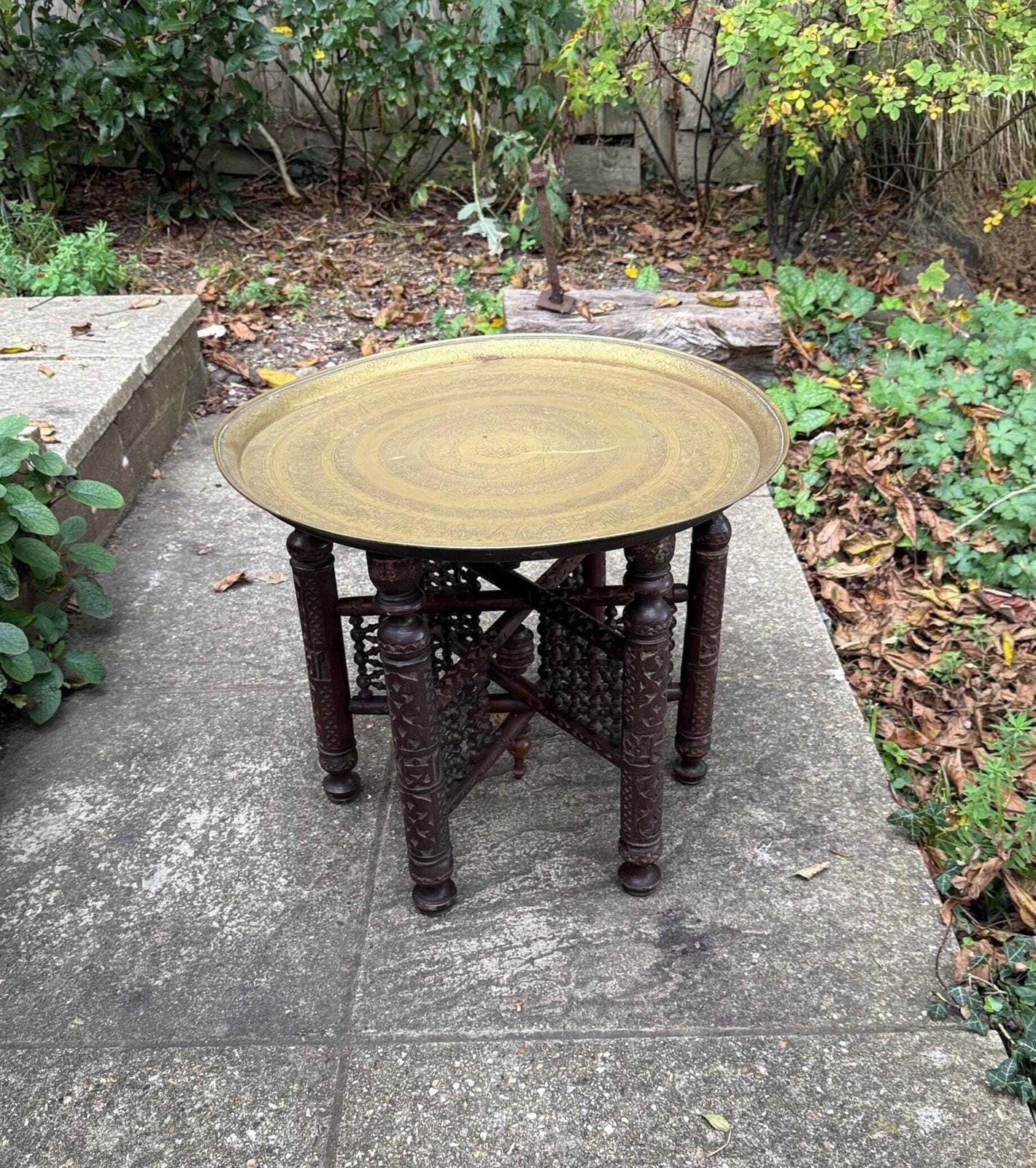 Antique Anglo Indian Brass Tray Table, Benares Table, Hand Carved Moorish Base, Folding Hardwood Stand, Etched Brass