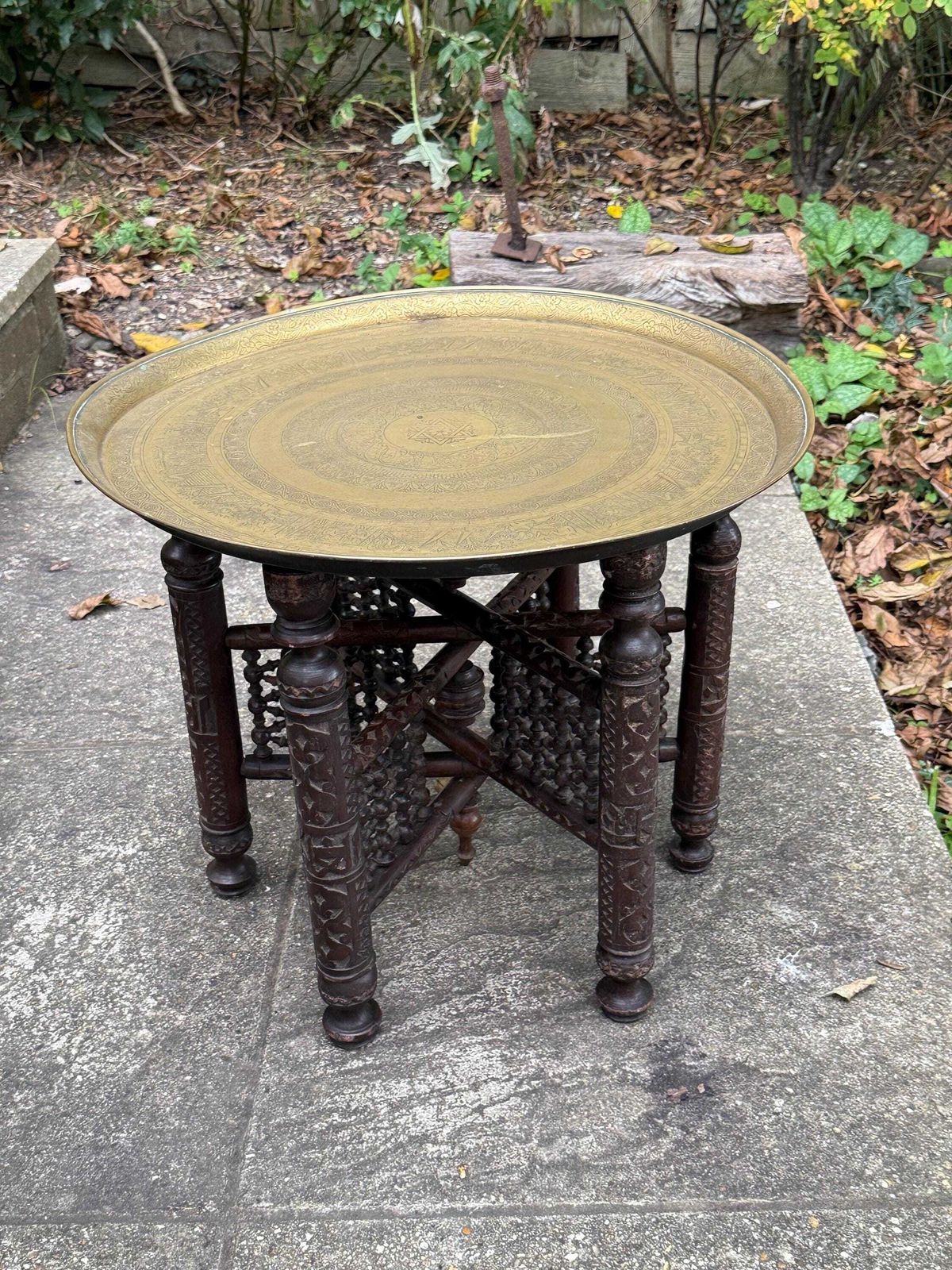 Antique Anglo Indian Brass Tray Table, Benares Table, Hand Carved Moorish Base, Folding Hardwood Stand, Etched Brass photo for sale