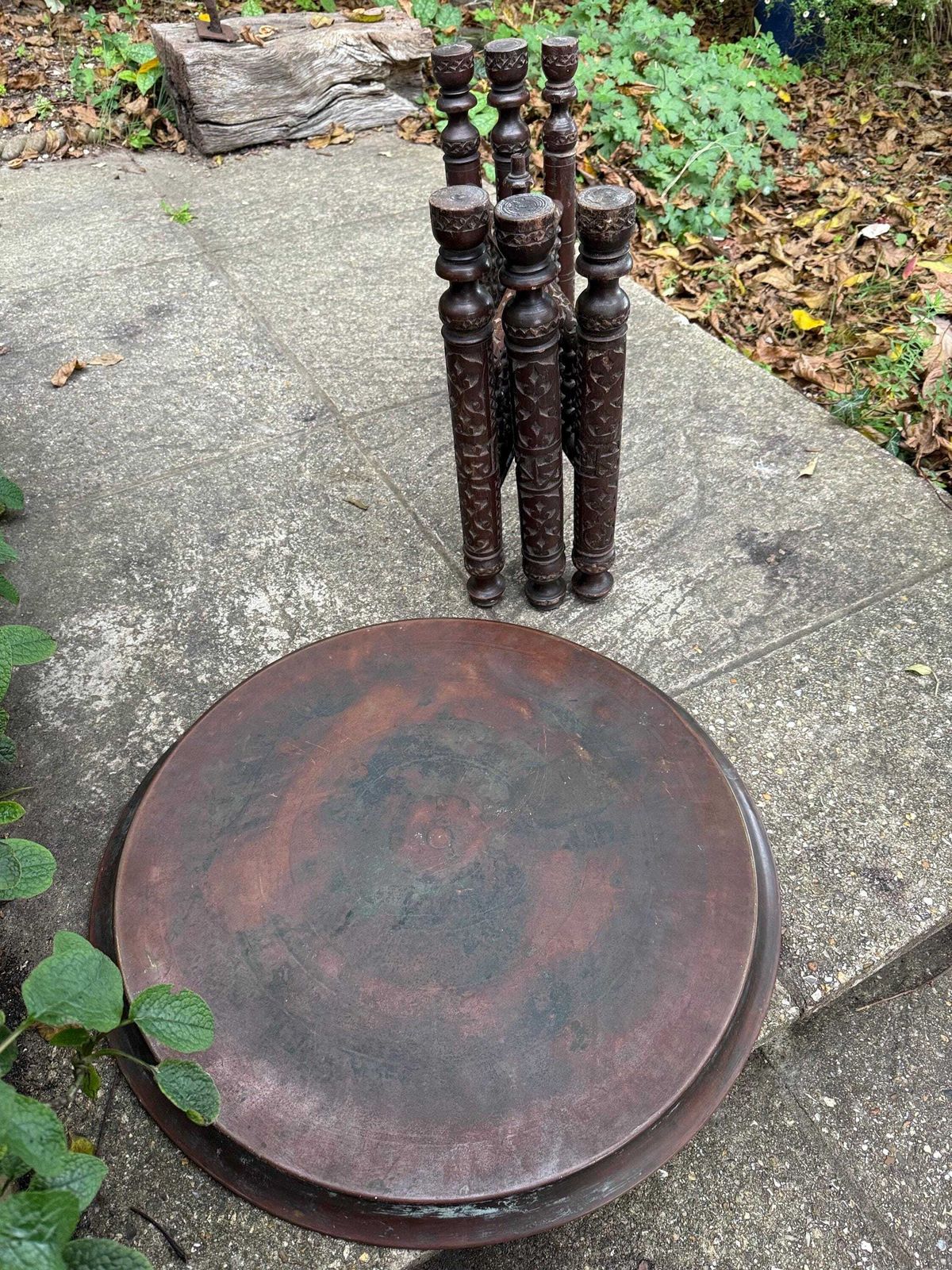 photo for sale Antique Anglo Indian Brass Tray Table, Benares Table, Hand Carved Moorish Base, Folding Hardwood Stand, Etched Brass