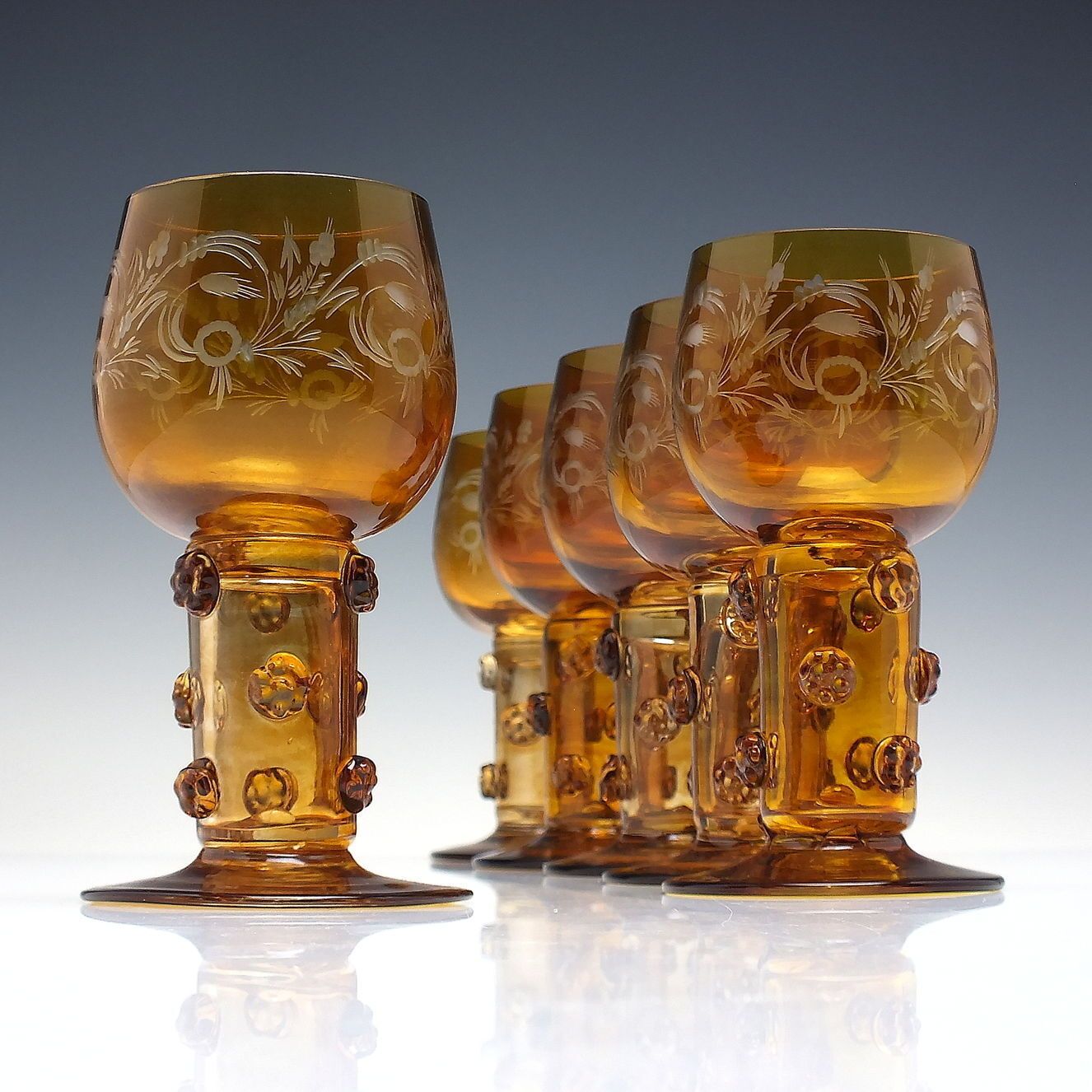 Six Antique Bohemian Engraved Amber Wine Glass Roemers C1900