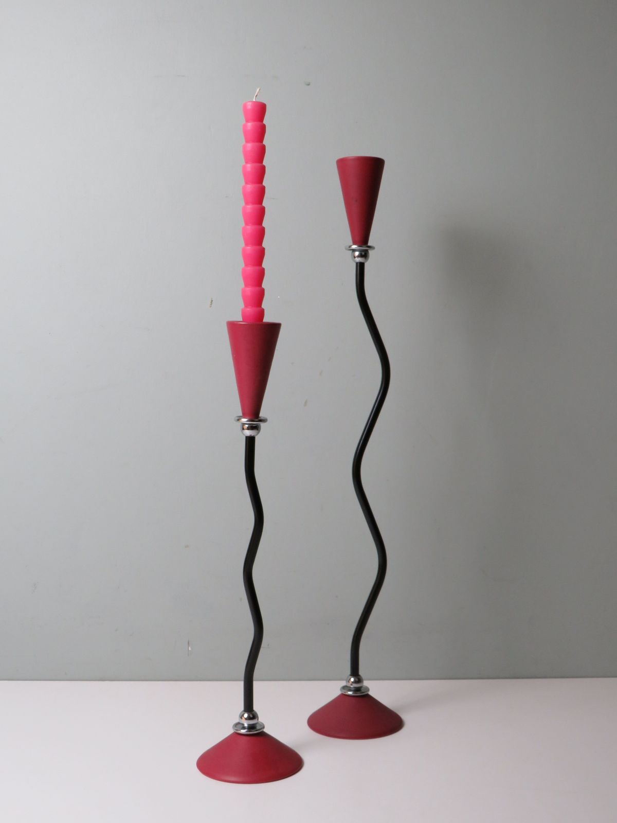 Pair Of Memphis Style Candleholders, Ceramic And Metal With Chrome Details, 1980s Postmodern Design photo furniture