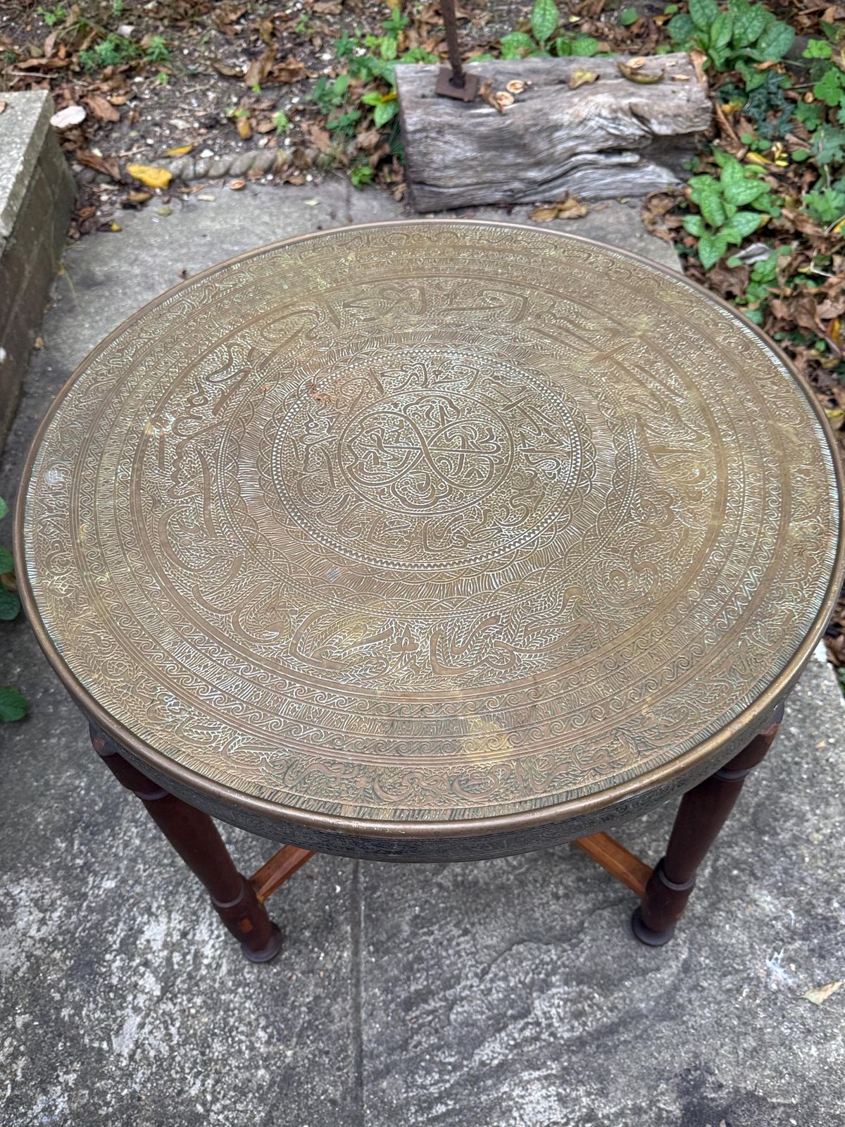 Antique Early/Mid 1900s Anglo Indian Brass Tray Table, Benares Table, Hand Etched Brass Tabletop, Turned Wooden Base, Folding Cross Leg photo 275.0