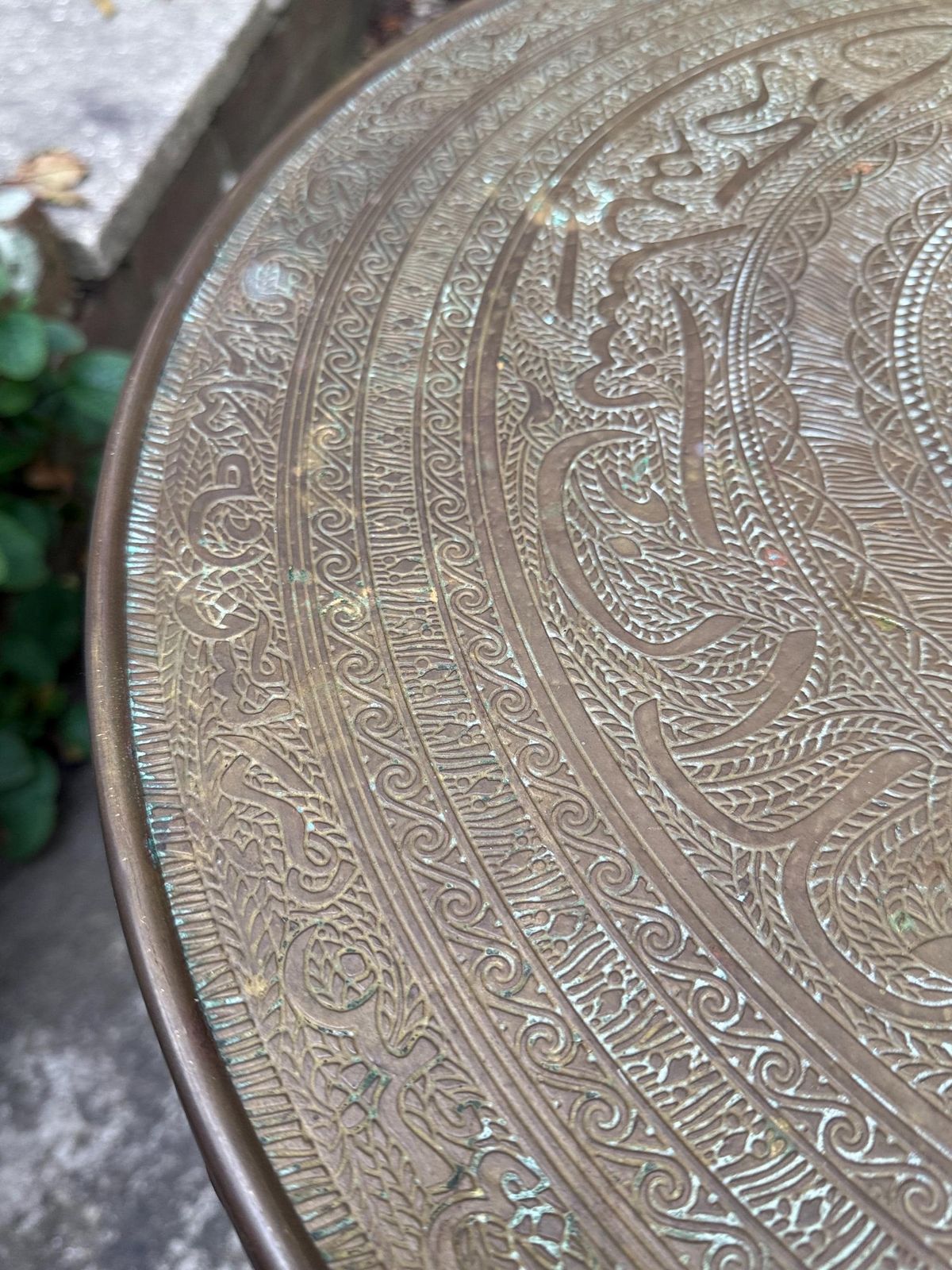 Antique Early/Mid 1900s Anglo Indian Brass Tray Table, Benares Table, Hand Etched Brass Tabletop, Turned Wooden Base, Folding Cross Leg photo buy