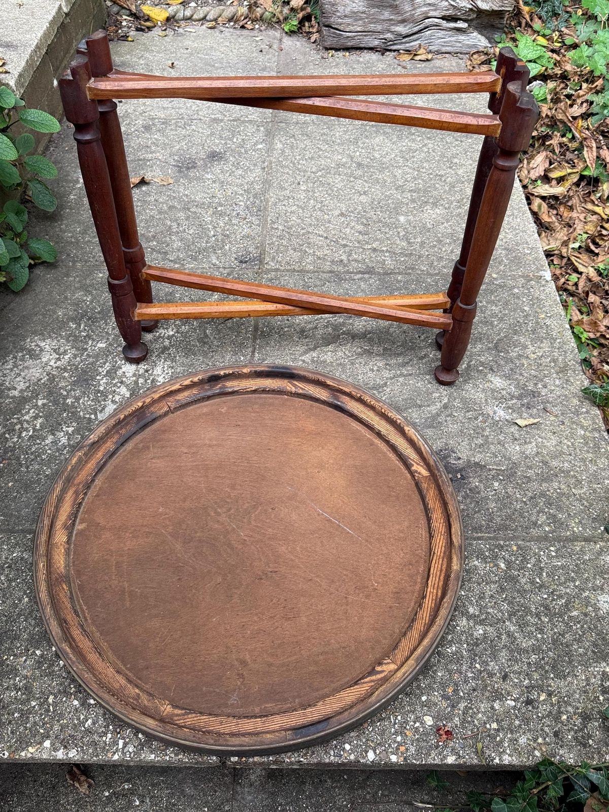 photo for sale Antique Early/Mid 1900s Anglo Indian Brass Tray Table, Benares Table, Hand Etched Brass Tabletop, Turned Wooden Base, Folding Cross Leg