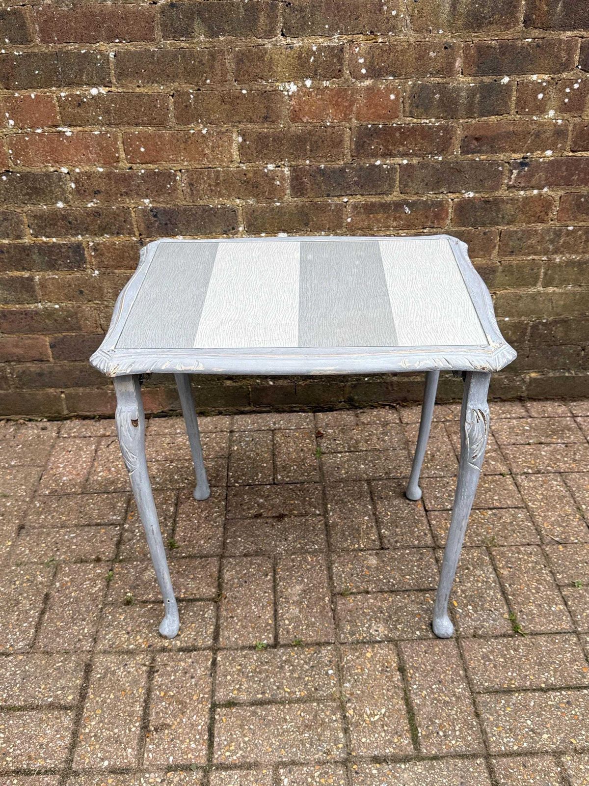 photo vinterior Upcycled Vintage Side Table In Shabby Chic Grey Finish, Glass Top And Changeable Insert Paper; Refurbished Side Table, Vintage Coffee Table