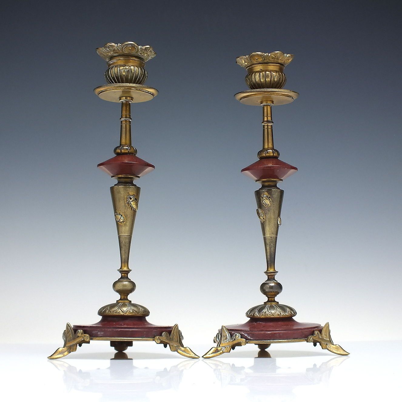 Rare Pair Art And Crafts Brass & Marble Candle Sticks C1880
