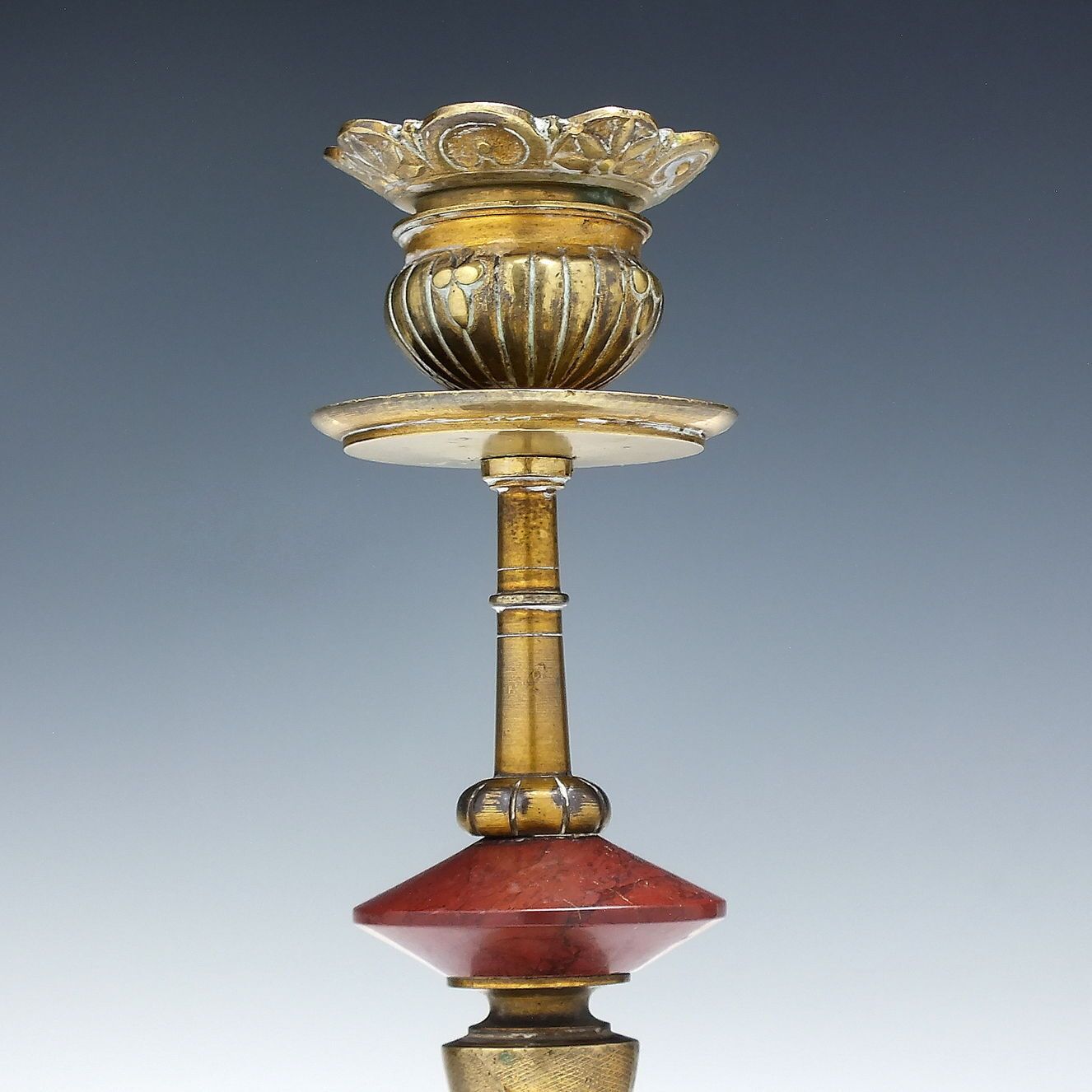 Rare Pair Art And Crafts Brass & Marble Candle Sticks C1880 photo for sale