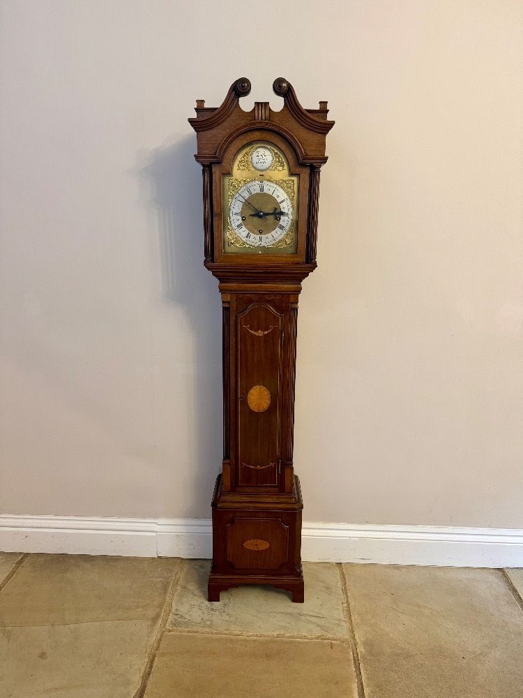 Fantastic Quality Edwardian Mahogany Inlaid Chiming Grandmother Clock photo for sale