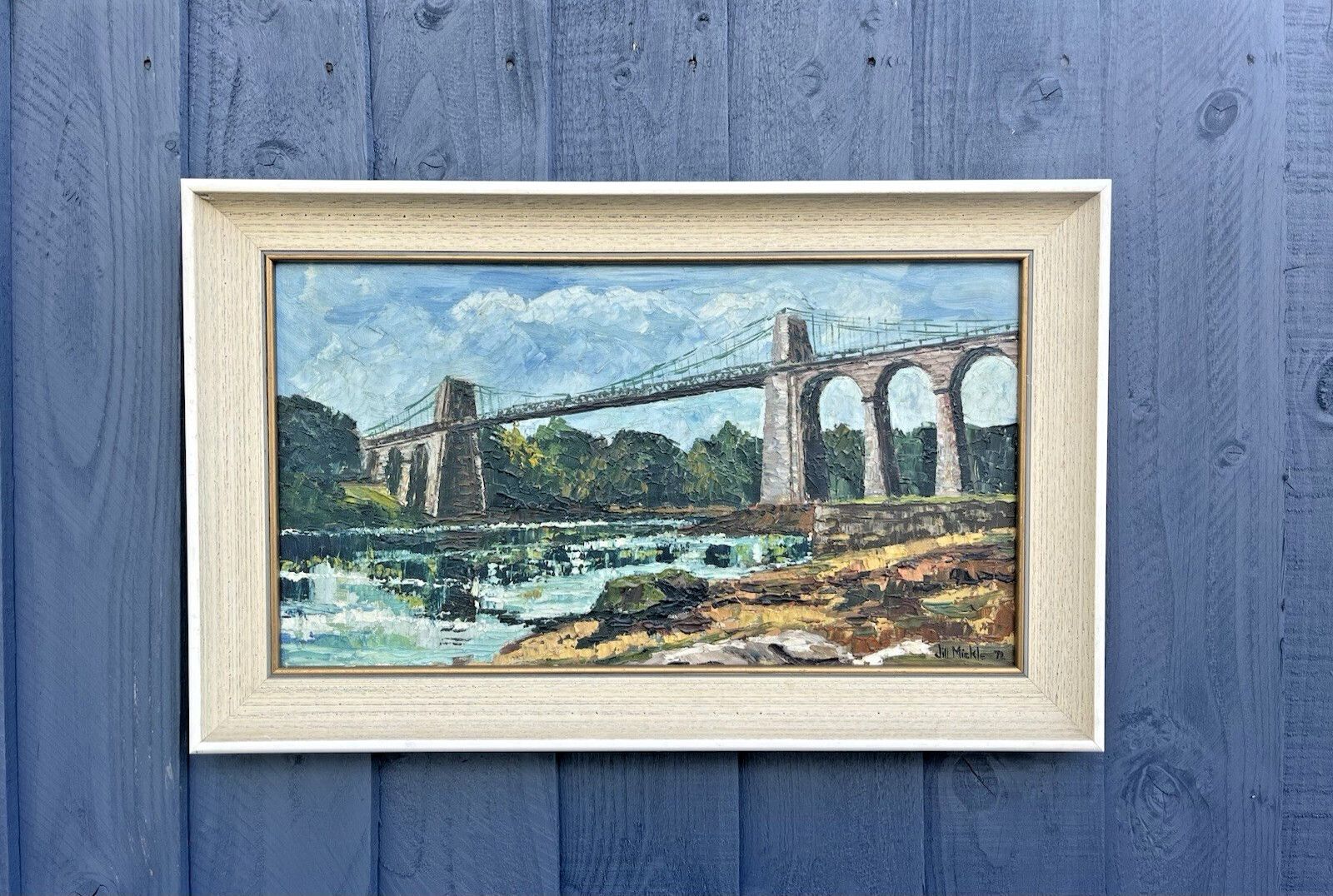 Superb Jill Mickle Framed Oil Painting Menai Straits Suspension Bridge Anglesey photo furniture