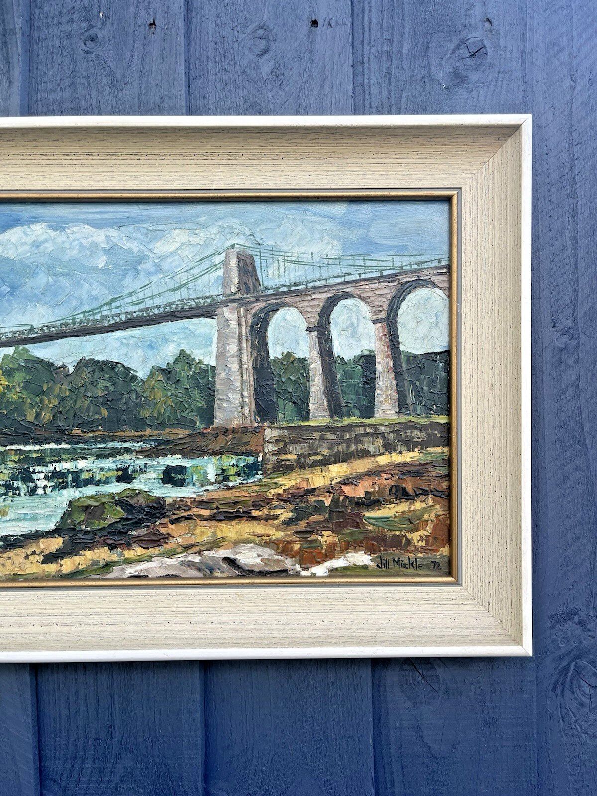 Superb Jill Mickle Framed Oil Painting Menai Straits Suspension Bridge Anglesey photo 220.0