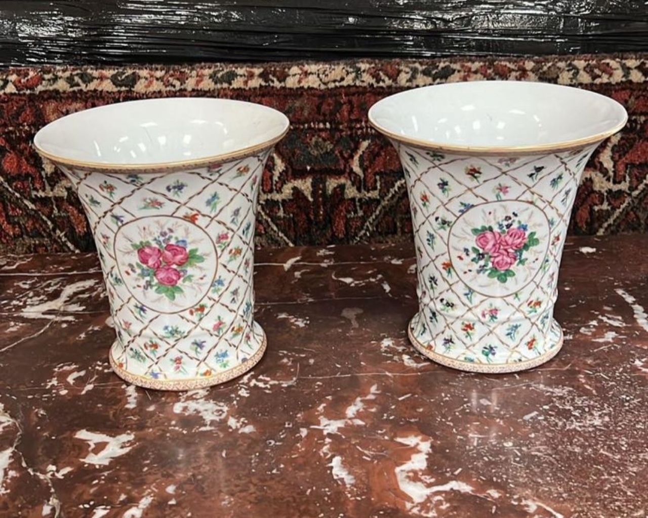 Pair Of French Hand Painted Porcelain Cachepots In The Sèvres Style By F. Japy, C.1950s