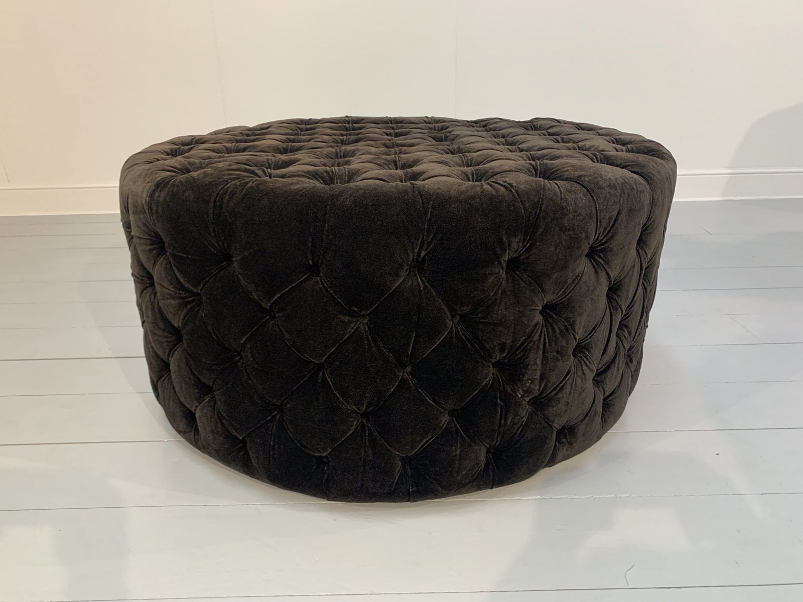 Huge “Soho Buttoned Drum” Ottoman Footstool – In Dark Grey Italian Velvet