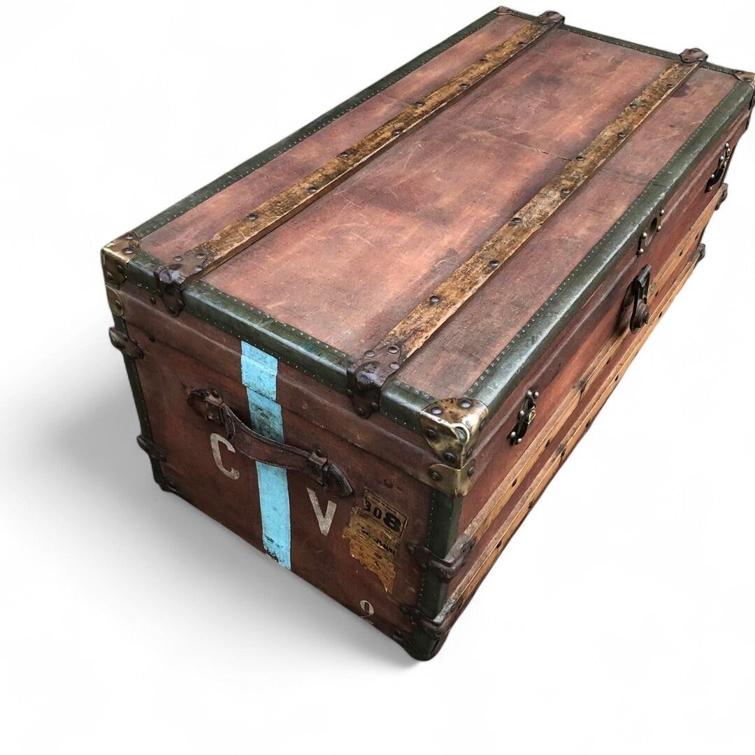 Vintage French Wood, Steel And Canvas Travelling Trunk By A St Hubert 1920s