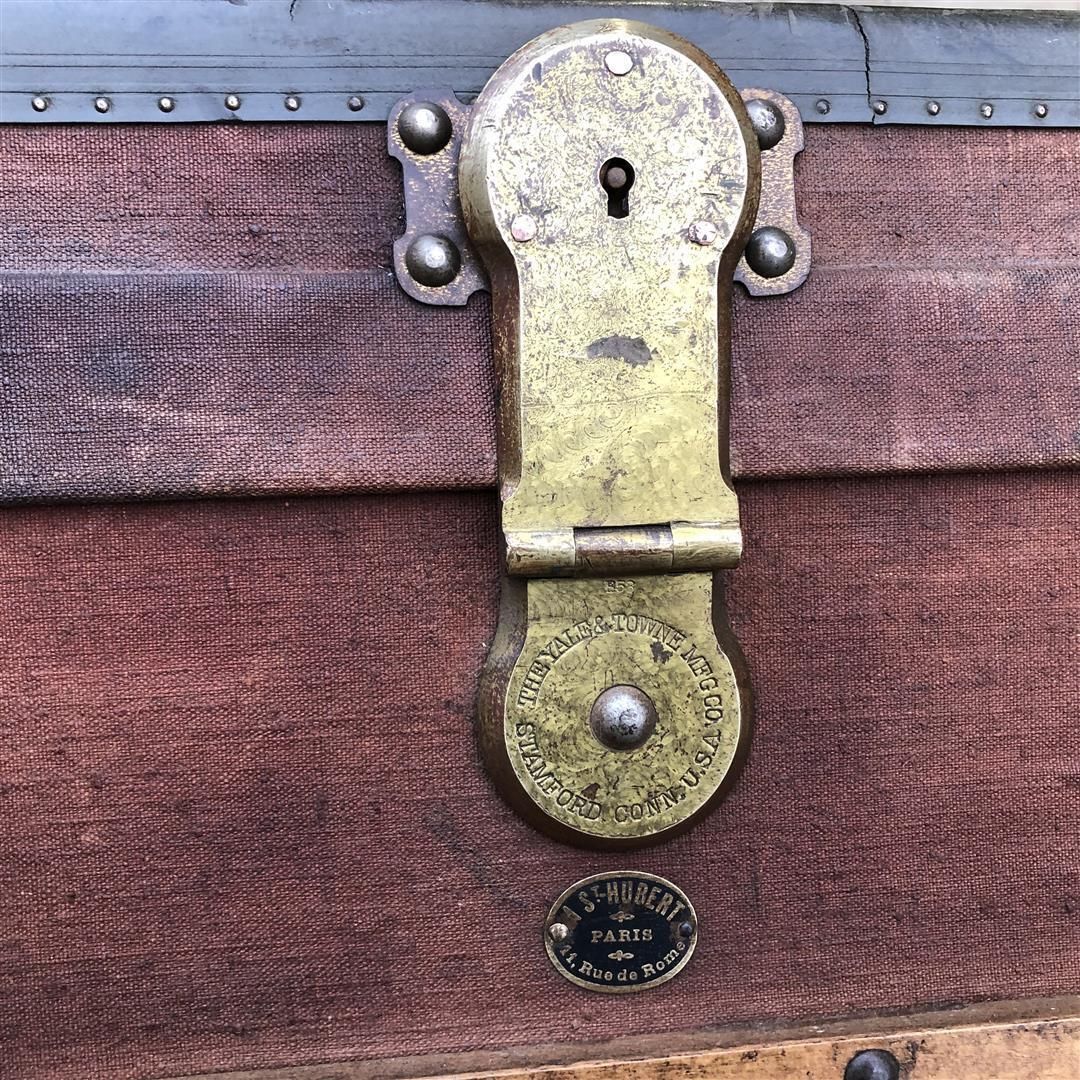 photo furniture Vintage French Wood, Steel And Canvas Travelling Trunk By A St Hubert 1920s