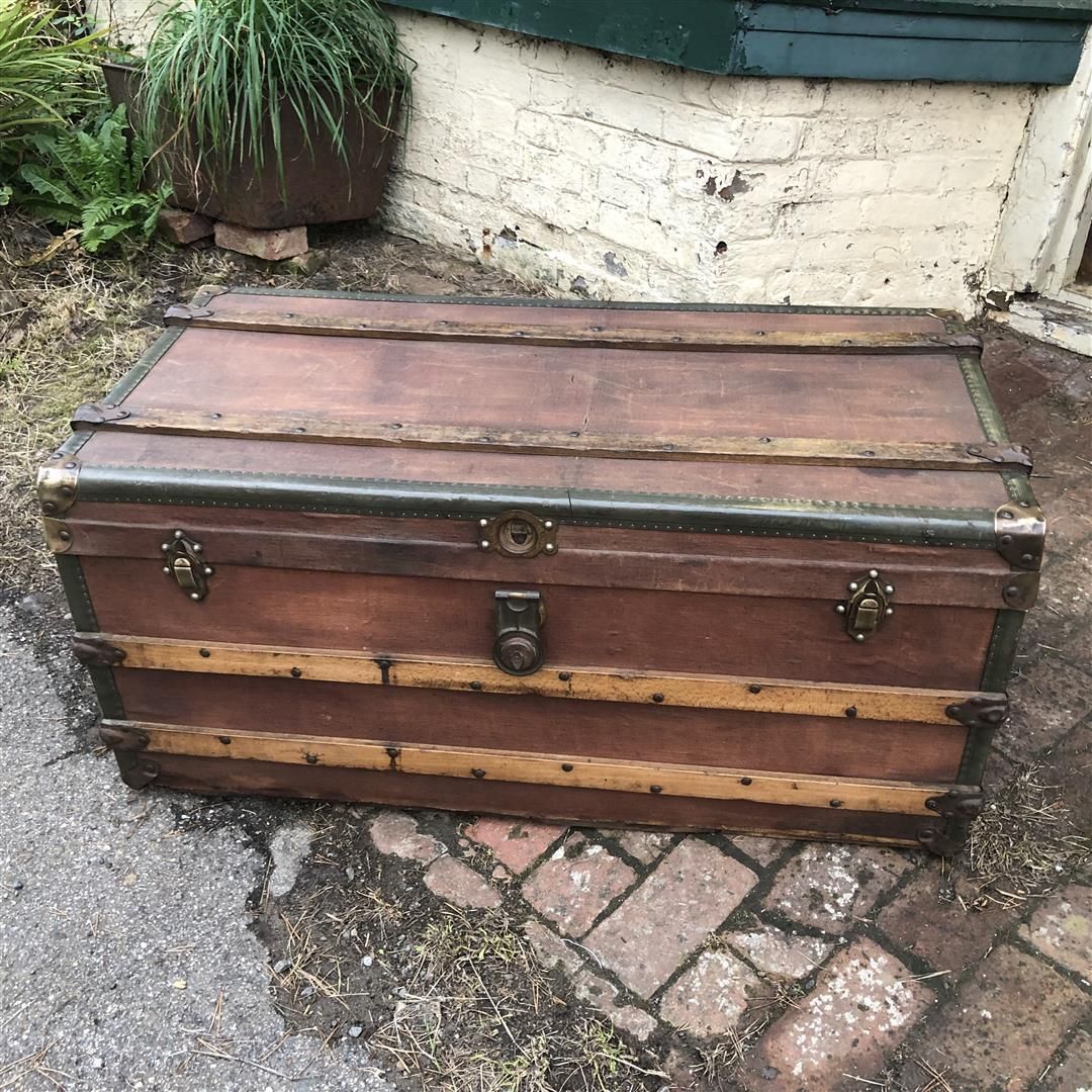 photo vinterior Vintage French Wood, Steel And Canvas Travelling Trunk By A St Hubert 1920s